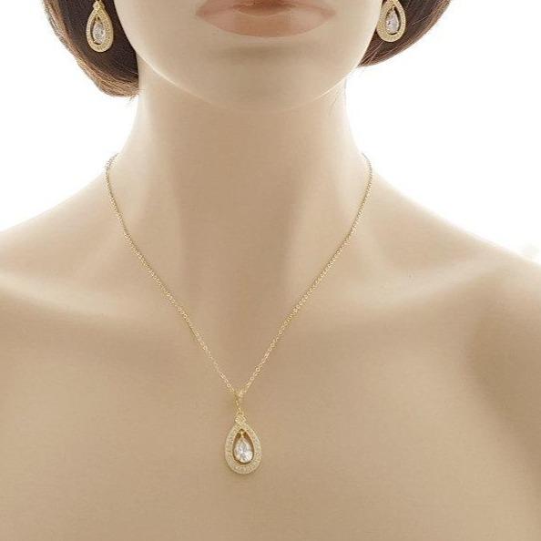 Gold Bridal Pendant Necklace Made of Teardrop Cubic Zirconia- Sarah - PoetryDesigns