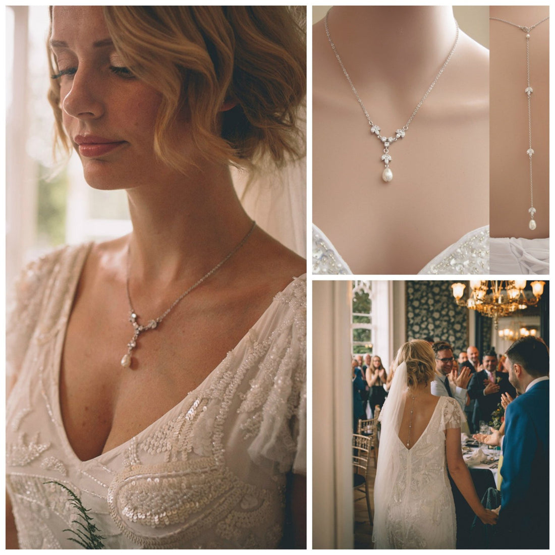Simple Bridal Jewelry Set-3 Pcs- Silver & Pearl- Leila
