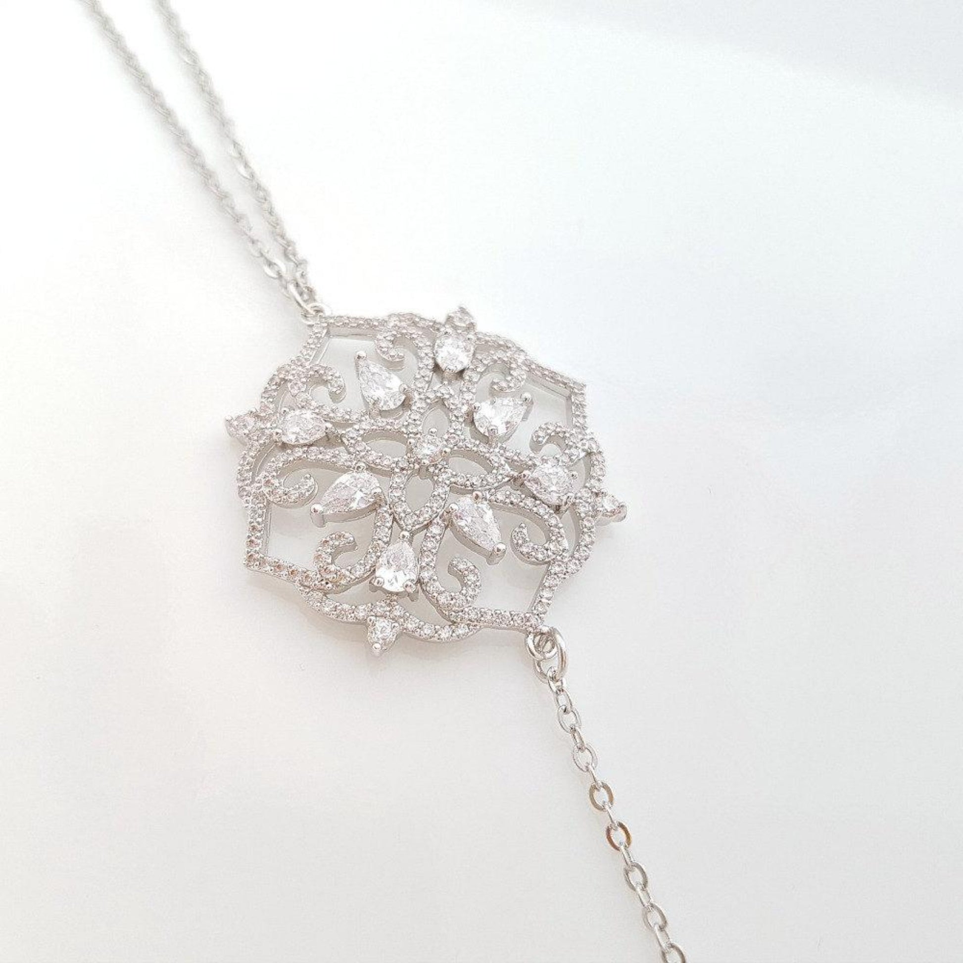 Filigree Pendant Long Back Necklace for Wedding, Prom, Event Backless Dresses- Poetry Designs