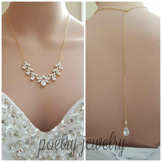 Gold Bridal Necklace, Gold Crystal Back drop Necklace, Gold Wedding Back Necklace, Gold Wedding Bridal Jewelry, Nicole - PoetryDesigns