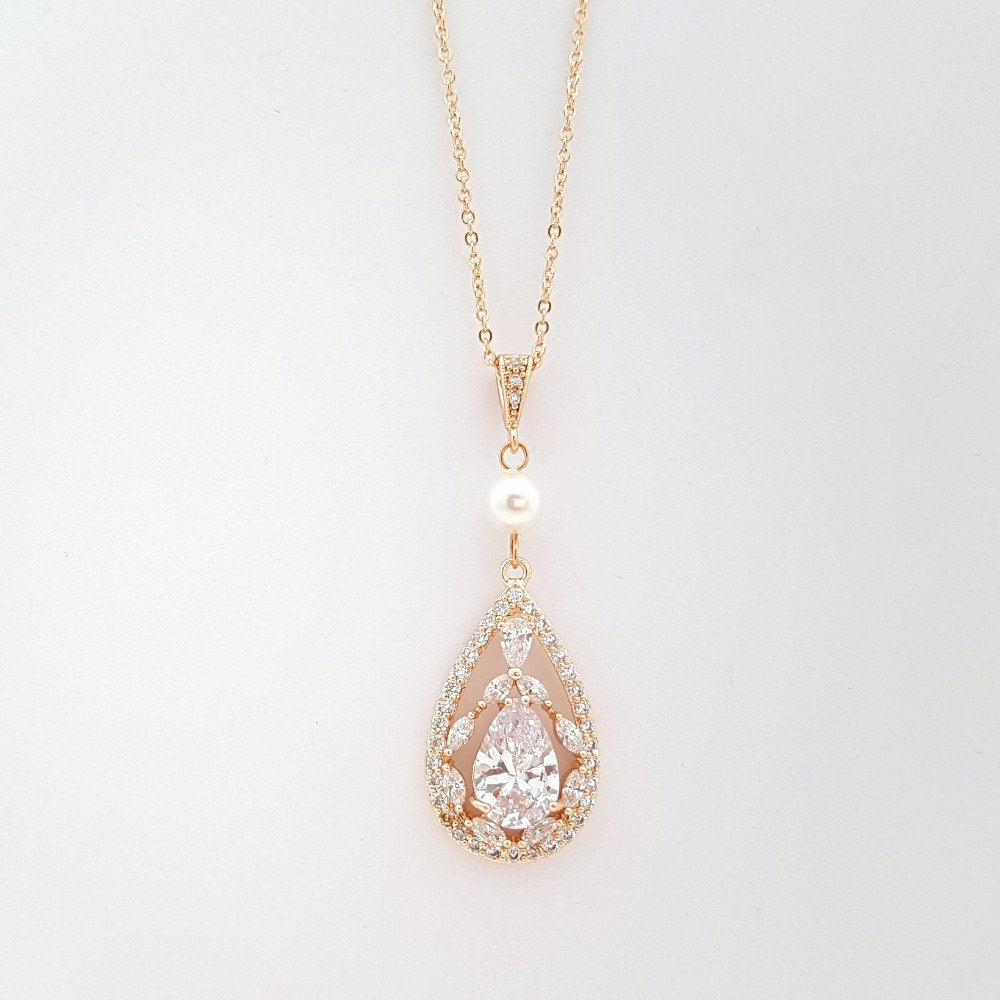 Teardrop Pendant Necklace for Wedding in Rose Gold & Pearl-Esther