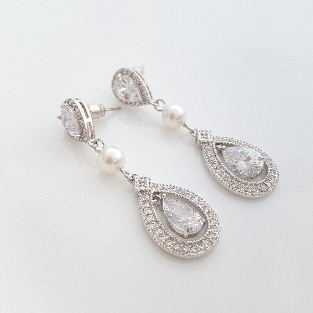 Crystal Wedding Earrings With CZ & Swarovski Pearl- Sarah - PoetryDesigns