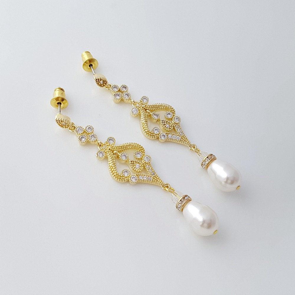 Vintage Gold Pearl Bridal Earrings- Poetry Designs