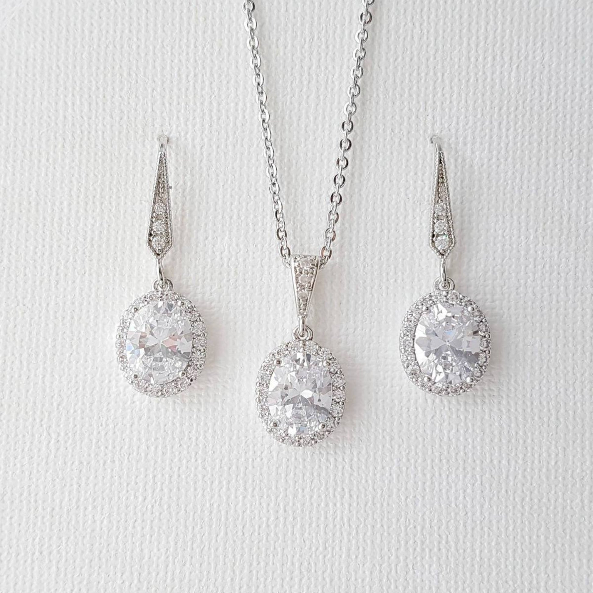 Bridesmaid Jewelry Set, Oval Bridal Set, Crystal Drop Earrings Necklace Set, Halo Style, Cubic Zirconia, Wedding Jewelry Set, Emily - PoetryDesigns