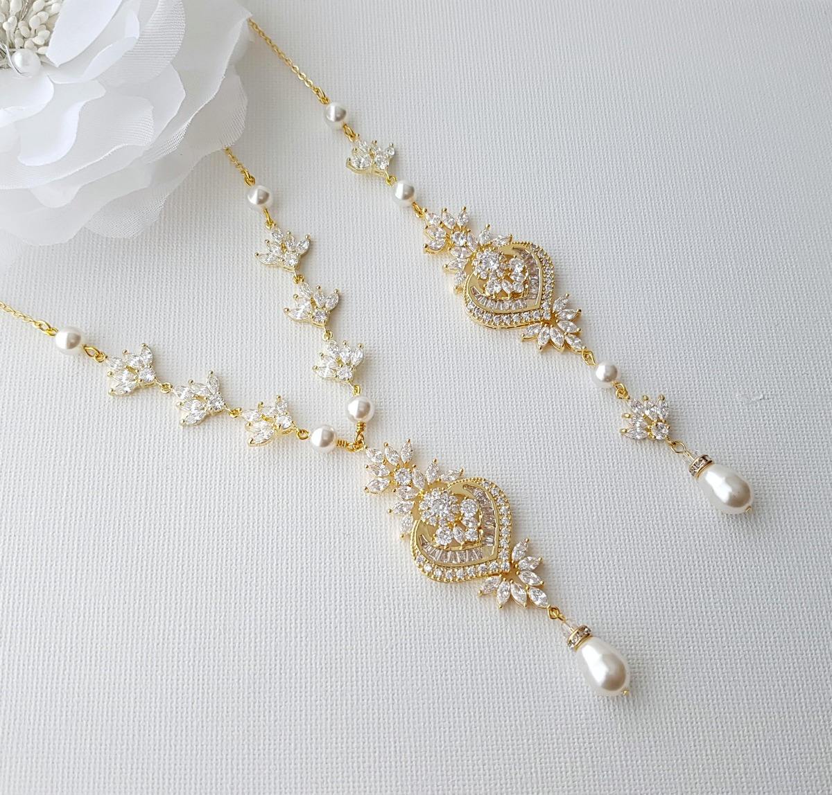 Gold Backdrop Bridal Necklace, Wedding Back Necklace, Crystal Backdrop Necklace, Swarovski Pearls, Rose Gold, Bridal Jewelry, Rosa - PoetryDesigns
