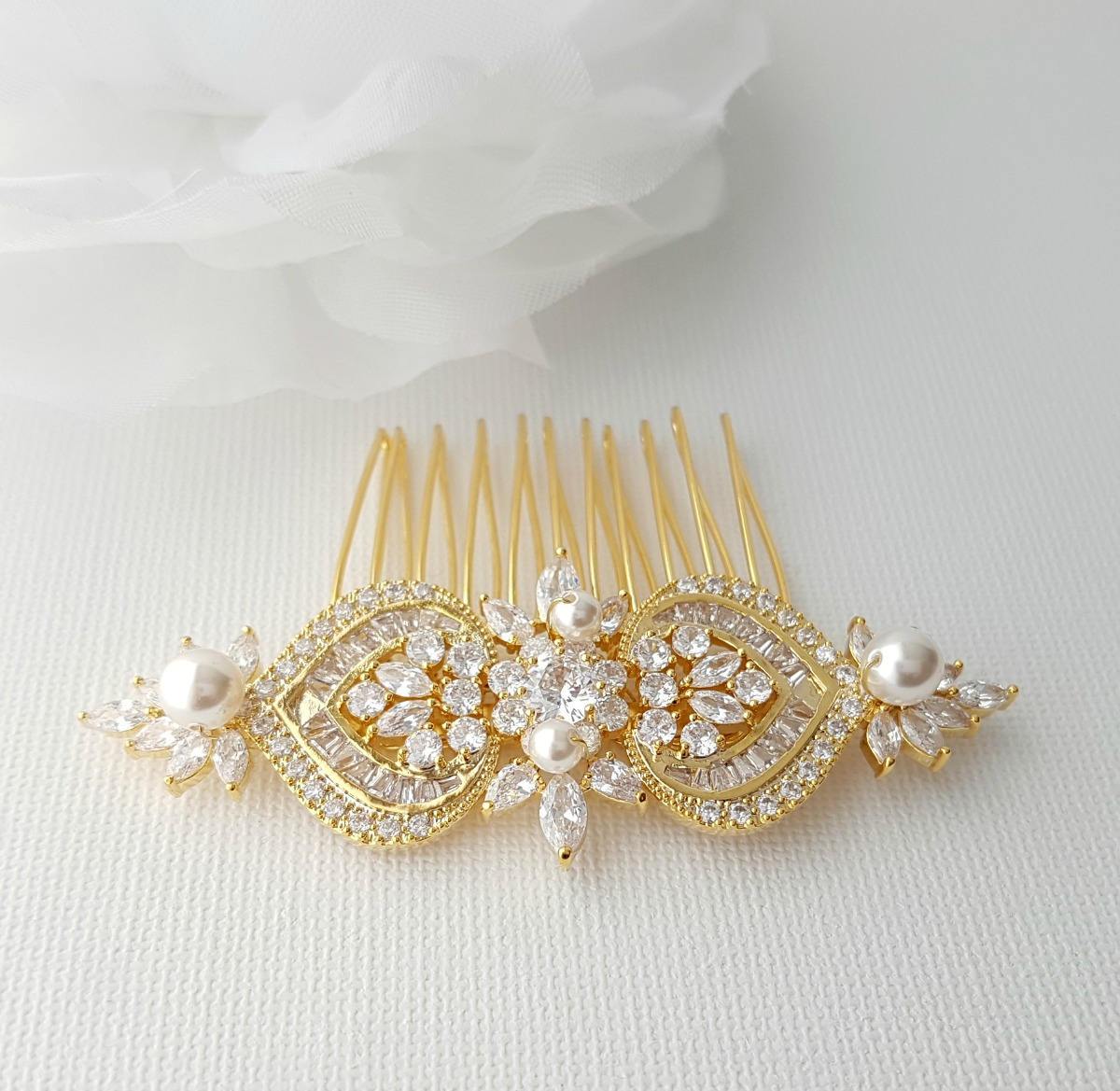 Gold Hair Comb, Wedding Hair Comb, Pearl Bridal Hair Piece, Crystal Rose Gold Headpiece, Swarovski Pearls, Bride Hair Jewelry, Rosa - PoetryDesigns