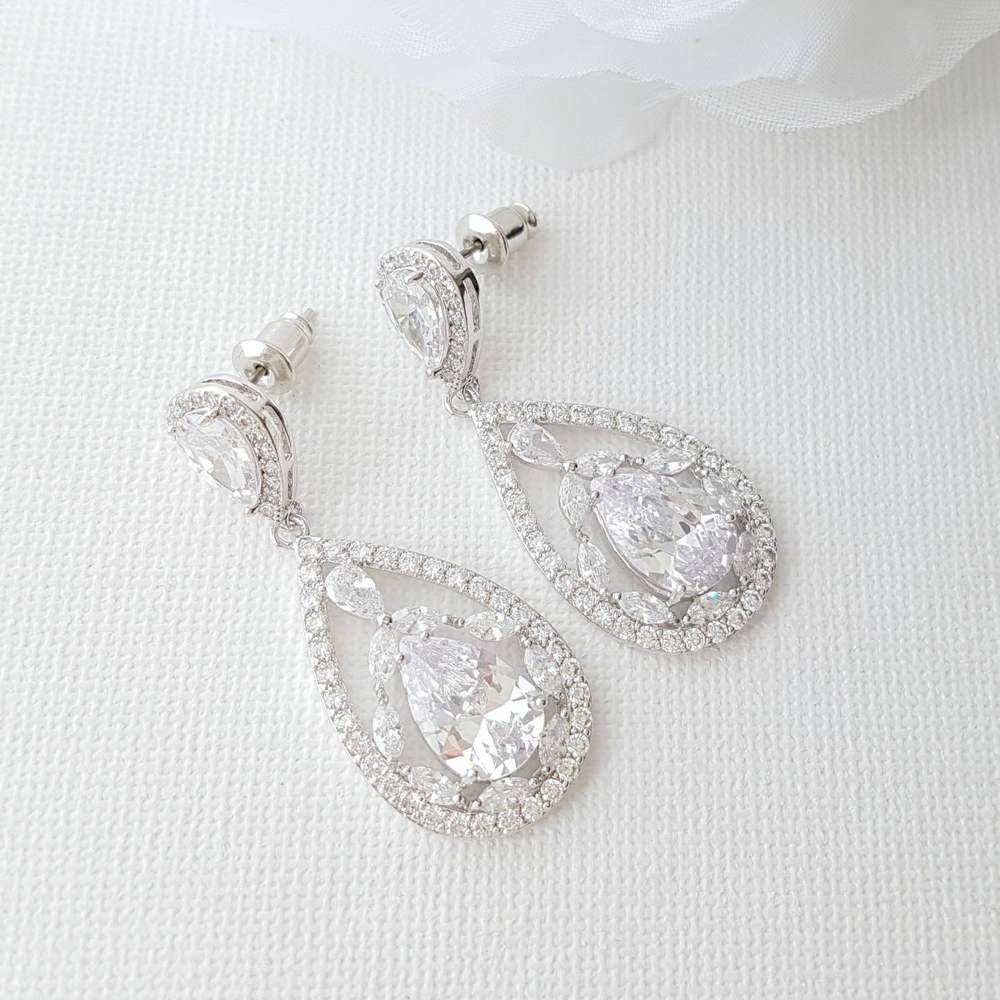 Silver bridal Drop Earrings in CZ