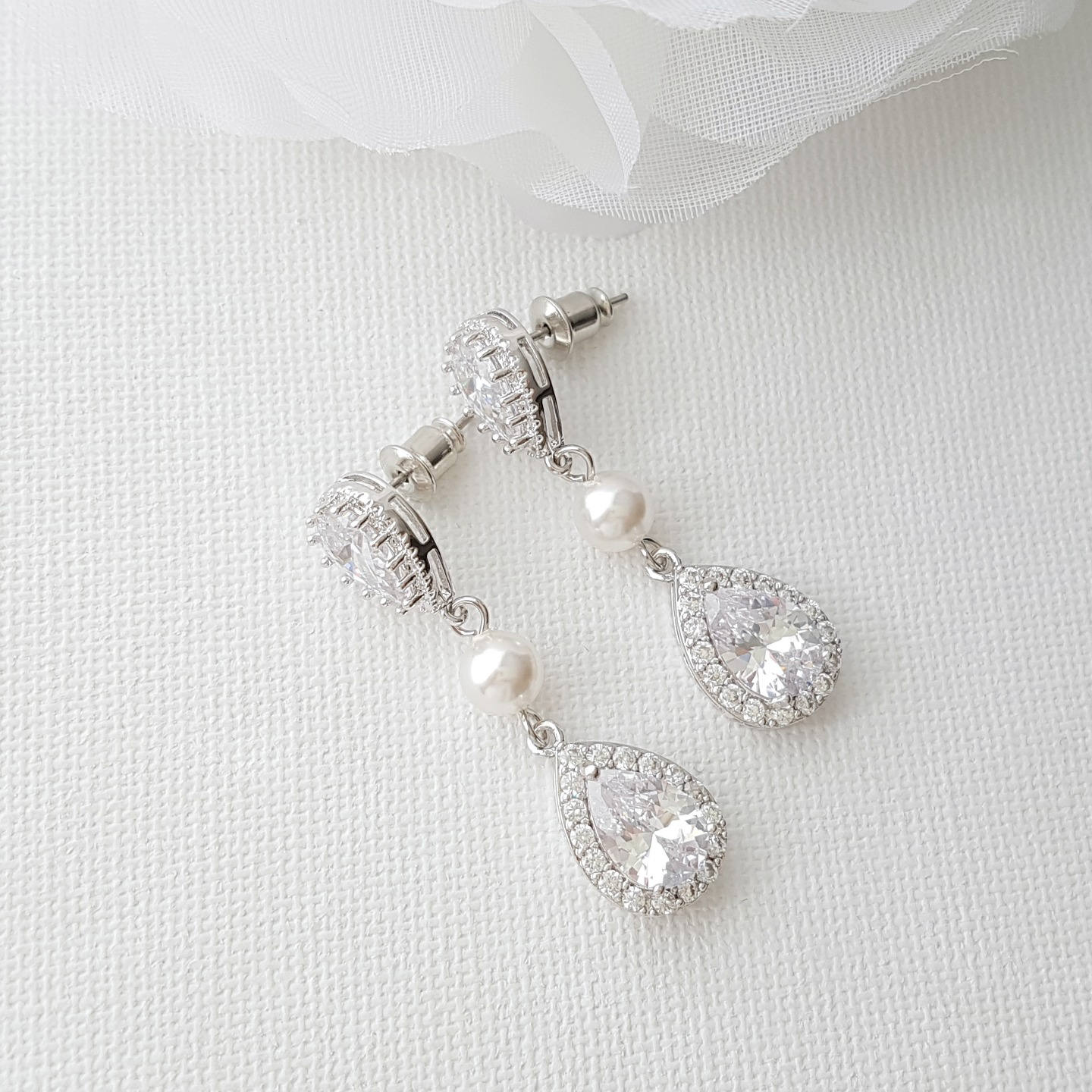 Silver Teardrop Pearl Crystal Bridal Earrings- Poetry Designs