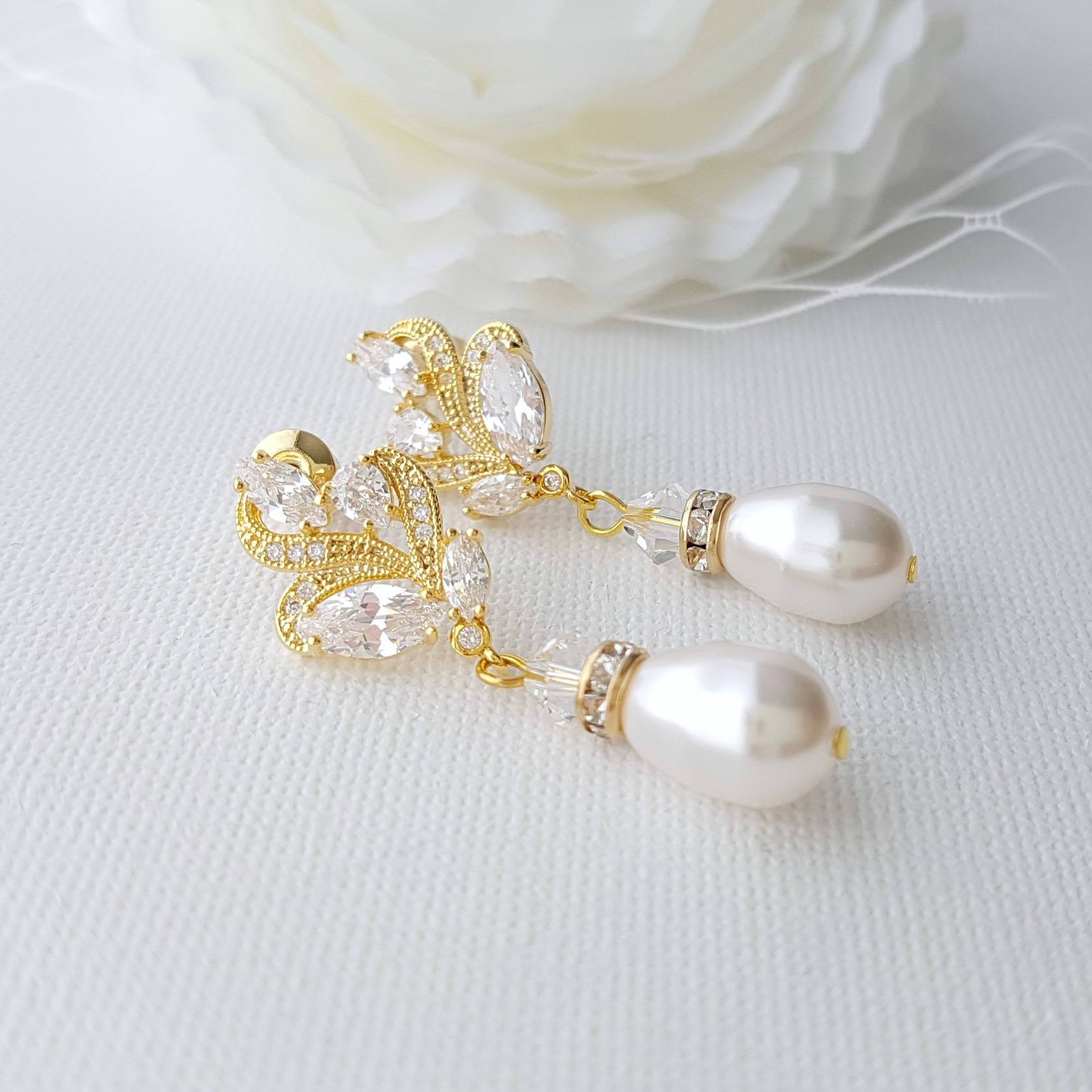 Rose Gold Bridal Earrings With Pearl Drops-Wavy - PoetryDesigns