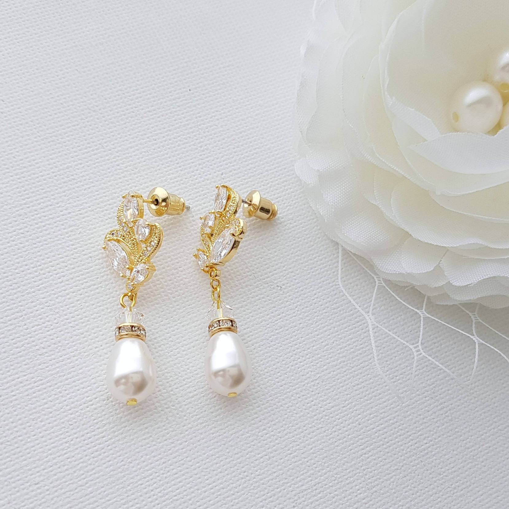 Gold Bridal Earrings With Pearl Drops-Wavy - PoetryDesigns