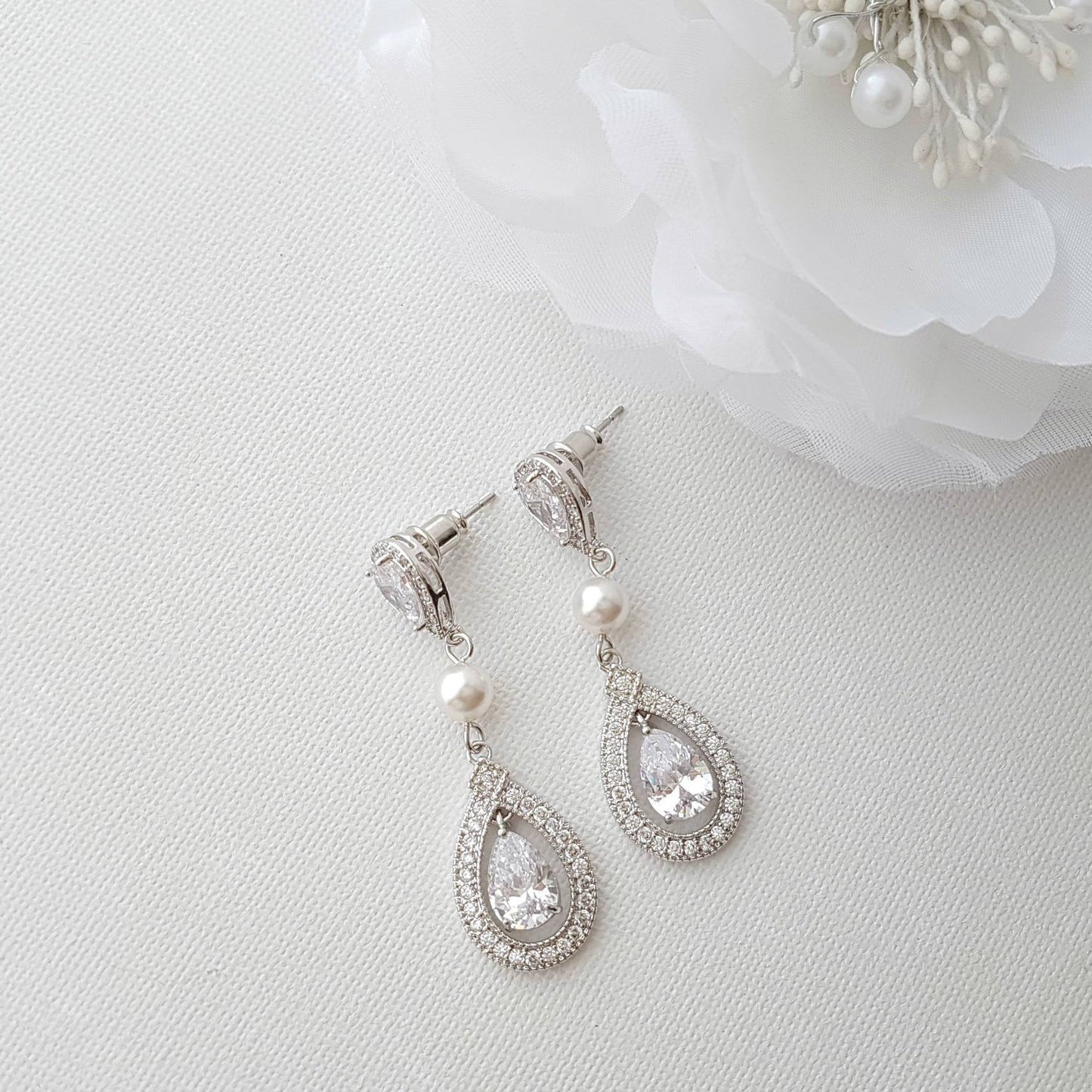 Crystal Wedding Earrings With CZ & Swarovski Pearl- Sarah - PoetryDesigns