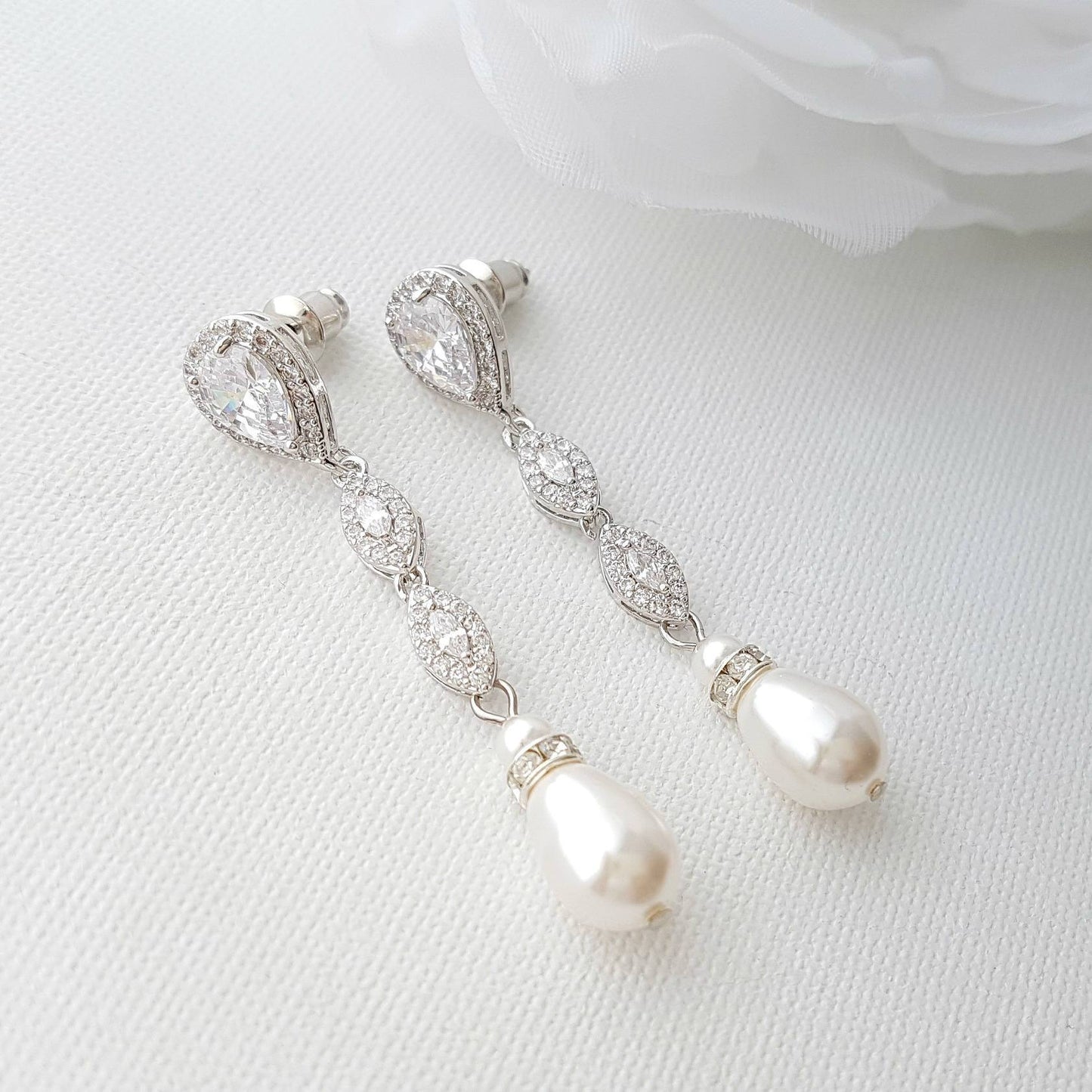 Silver pearl drop earrings for the brides