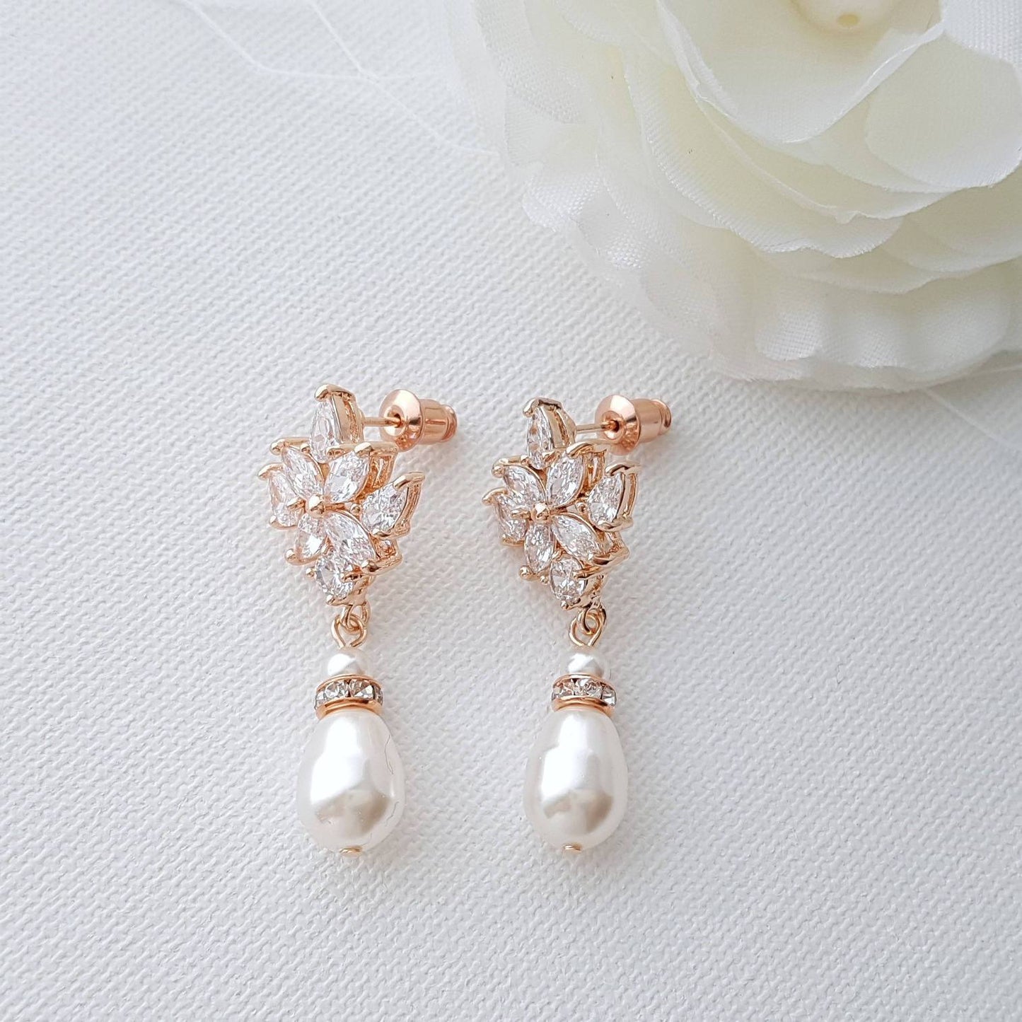 Rose Gold Bridal Earrings, Crystal Wedding Earrings, Bridesmaid, Swarovski Pearls Drop Earrings, Bridal Jewelry, Rose Gold Jewelry, Rosa - PoetryDesigns