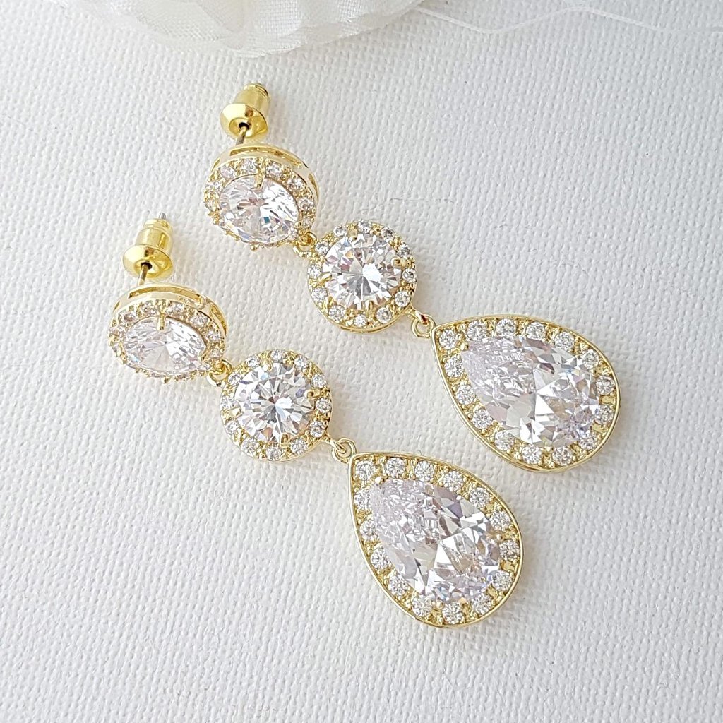 Cubic Zirconia Gold Drop Earrings-Evita