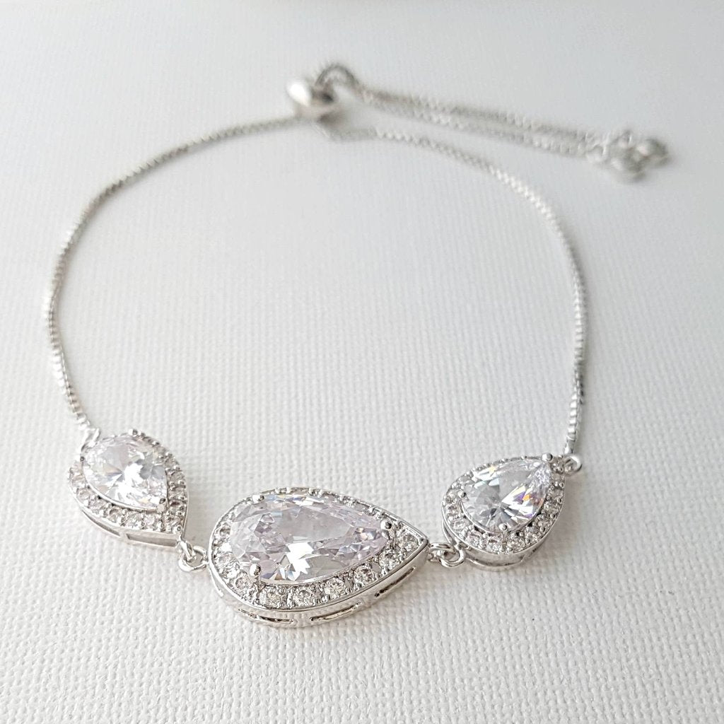 Bridal Bracelet, Rose Gold Crystal Bracelet, Wedding Jewelry, Clear Cubic Zirconia, Teardrop Bracelet, Pink Gold Bracelet, Evelyn - PoetryDesigns