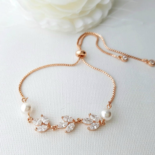 Bridal Bracelet in Rose Gold With CZ & Pearl-Leila - PoetryDesigns