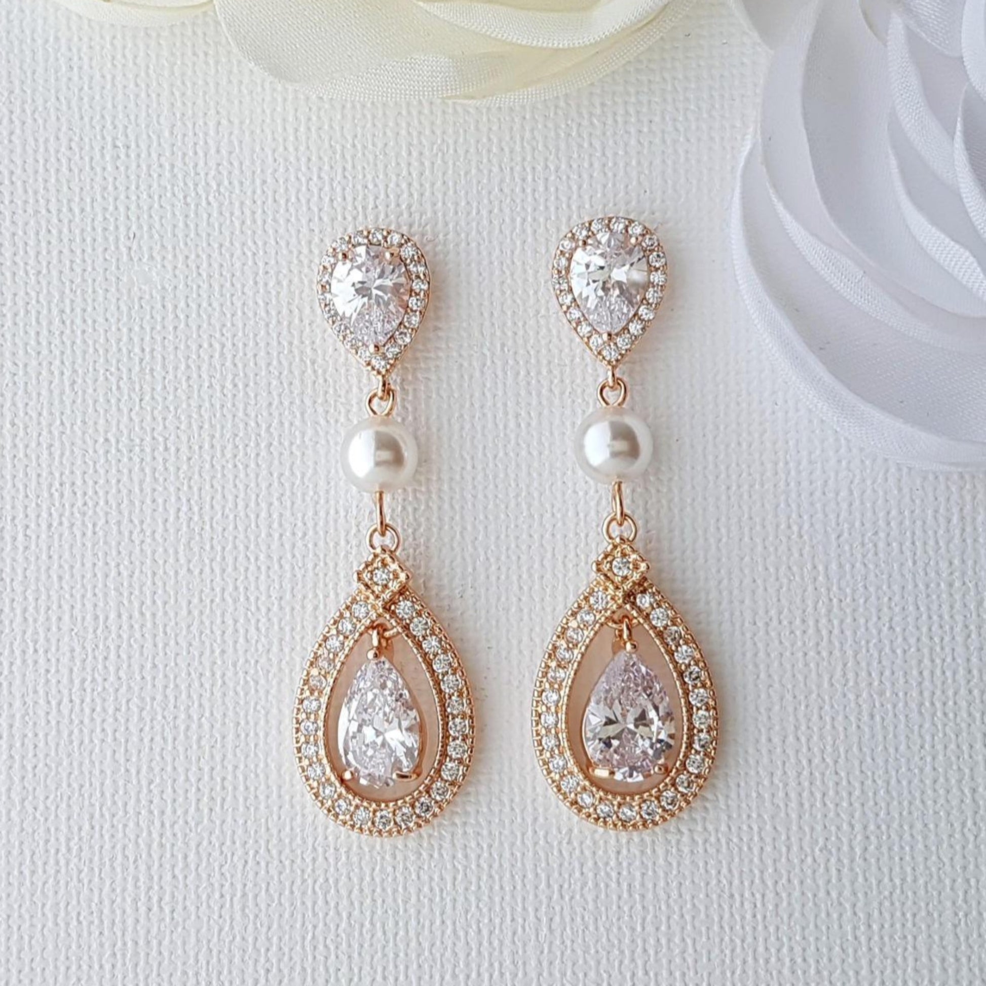 Rose Gold Bridal Earrings in Pearls & Cubic Zirconia- Poetry Designs