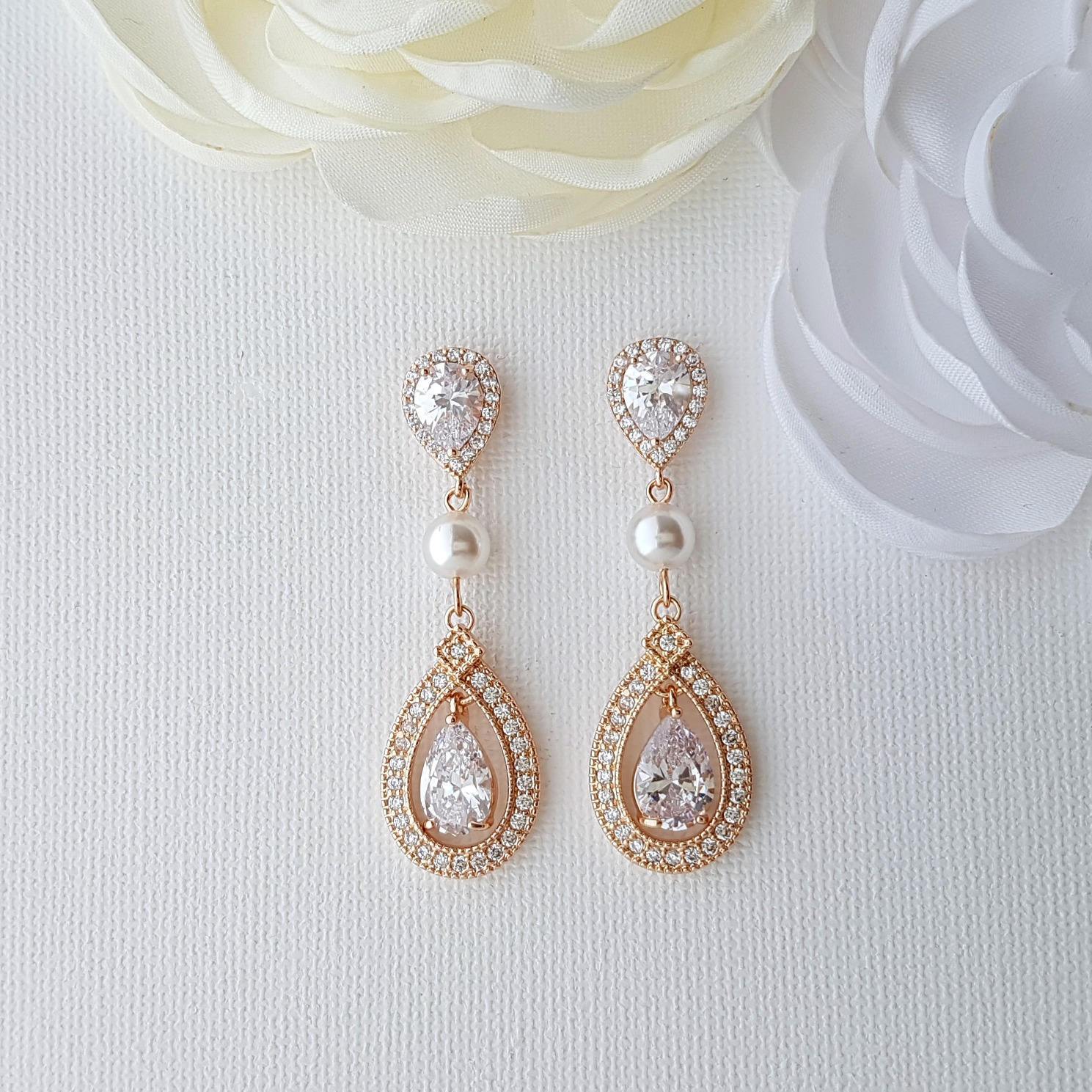 Swarovski Crystal Bridal Earrings Faux Diamond Pearl Double Pave Halo Rose fashion Gold Post Earrings Bridesmaids Gifts Mother of the Bride