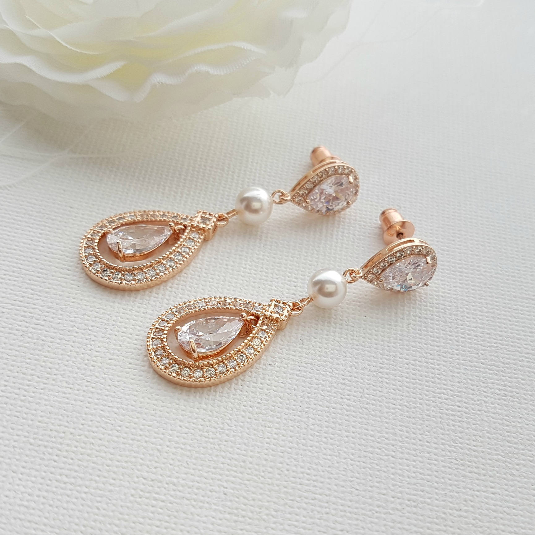 Rose Gold Bridal Earrings in Pearls & Cubic Zirconia for Brides- Poetry Designs