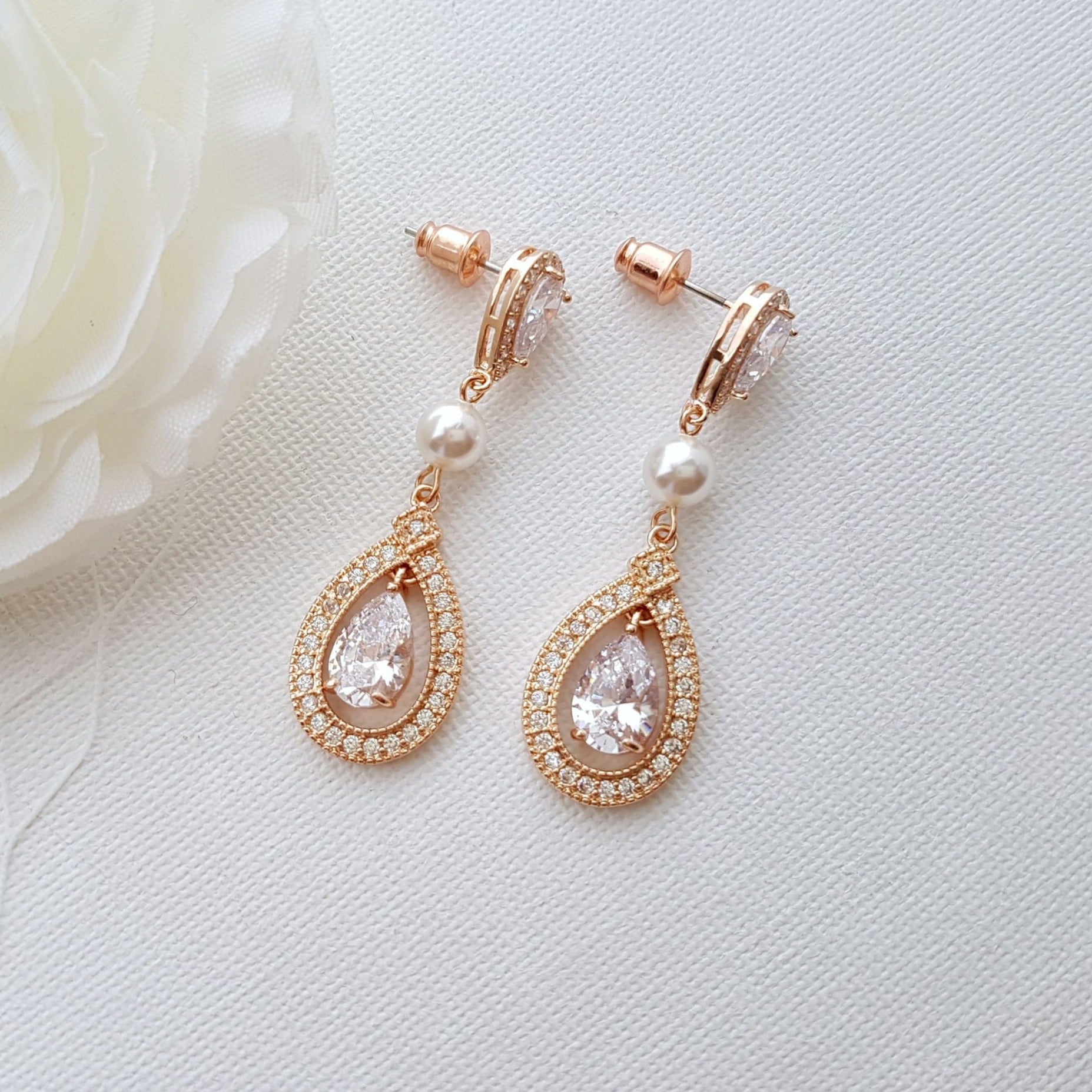 Rose Gold Earrings in Pearls & Cubic Zirconia for Brides- Poetry Designs