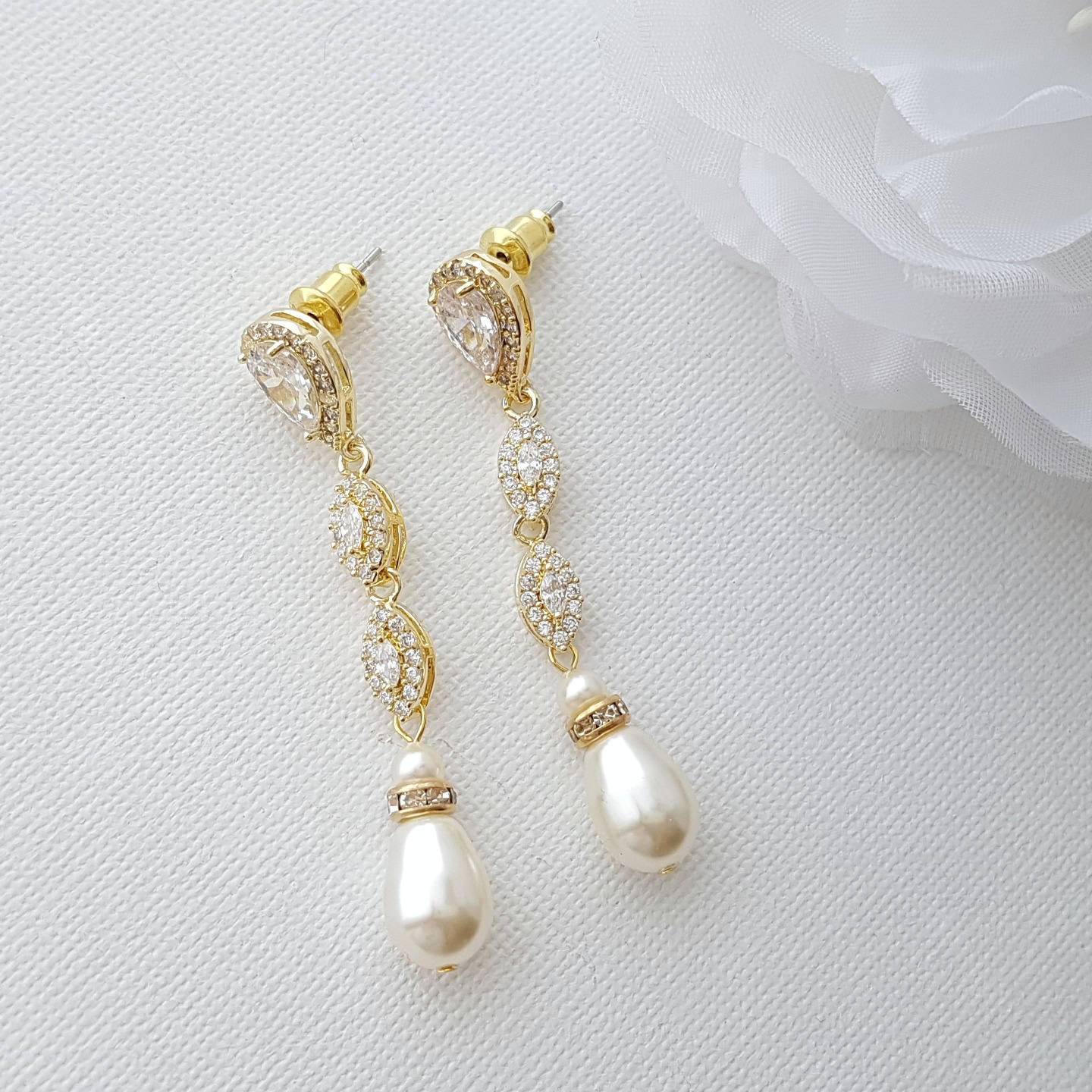 Gold drop pearl earrings wedding