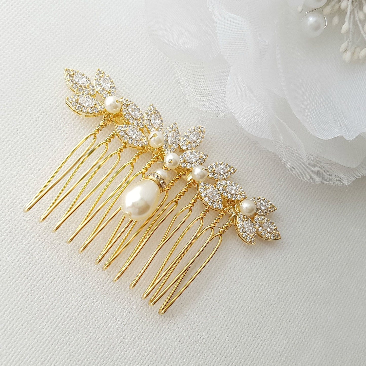 Gold Bridal Comb, Pearl Hair Comb, Rose Gold Wedding Hair Comb, Leaf Hairpiece, Crystal Hair Comb, Bridal Accessories, Abby - PoetryDesigns