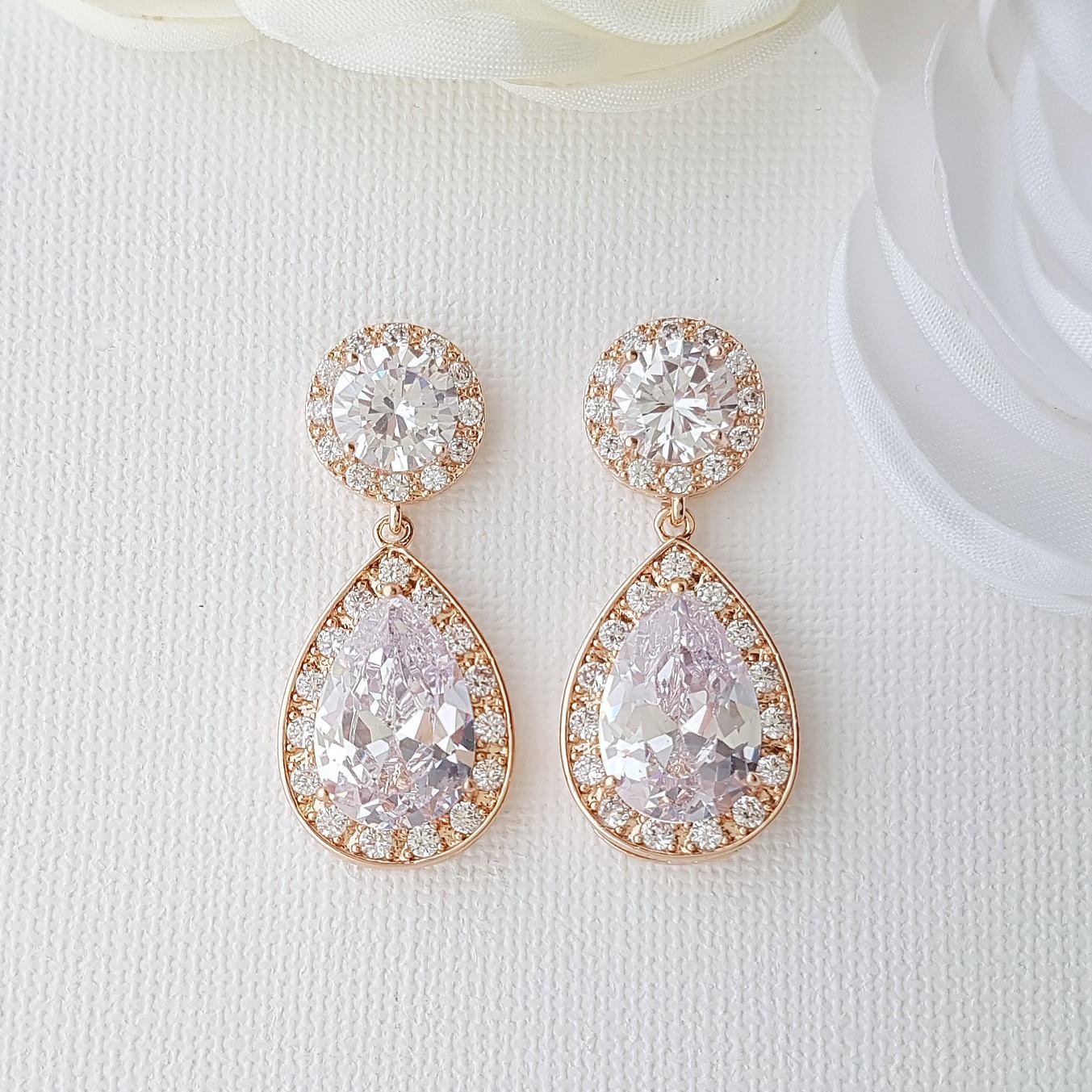 Rose gold wedding Earrings in Teardrop Cubic Zirconia