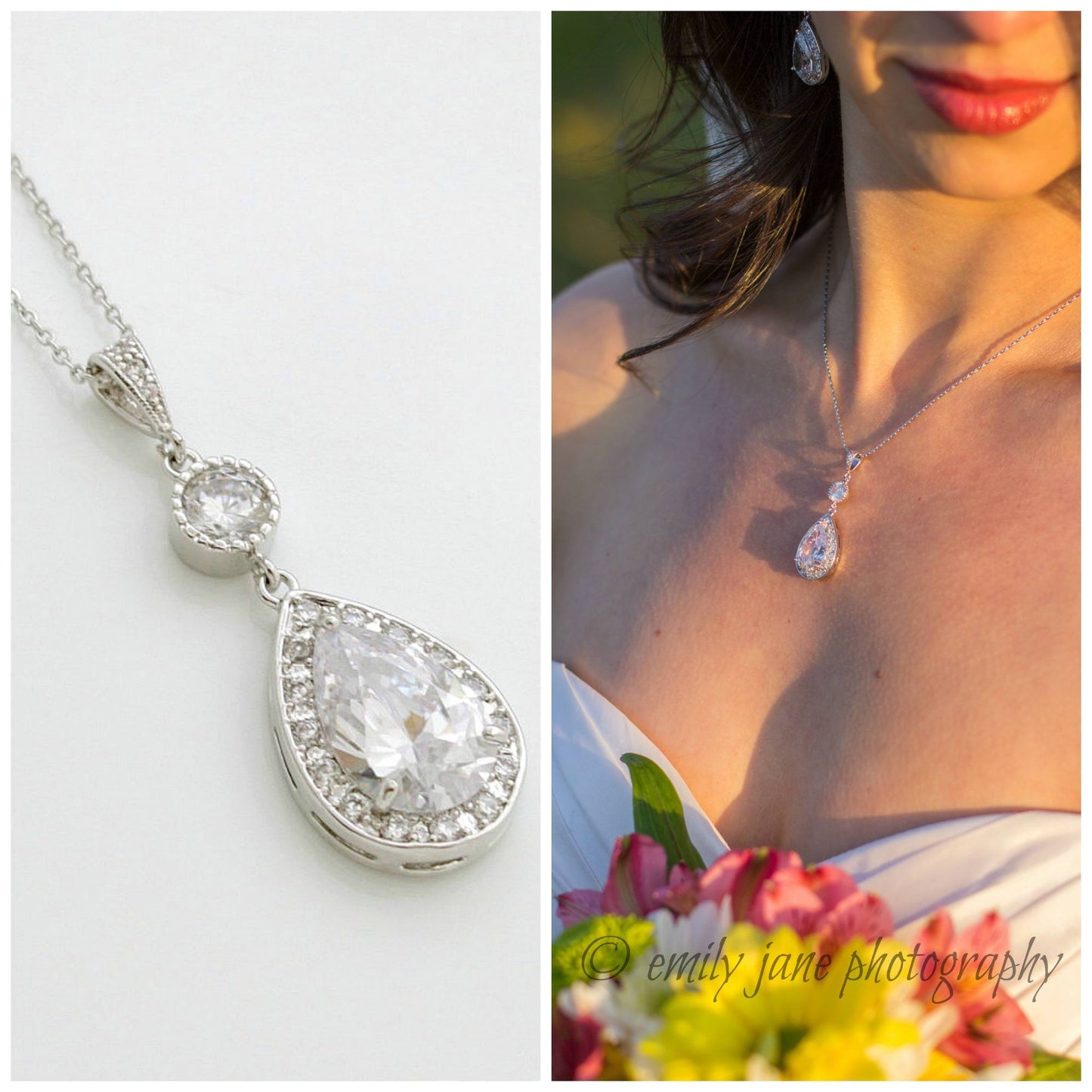 Bridal Crystal Pendant Necklace, Wedding Necklace, Bridesmaid Necklace Gift, Zirconia Pendant Rose Gold, Gold, Wedding Jewelry, Evana - PoetryDesigns