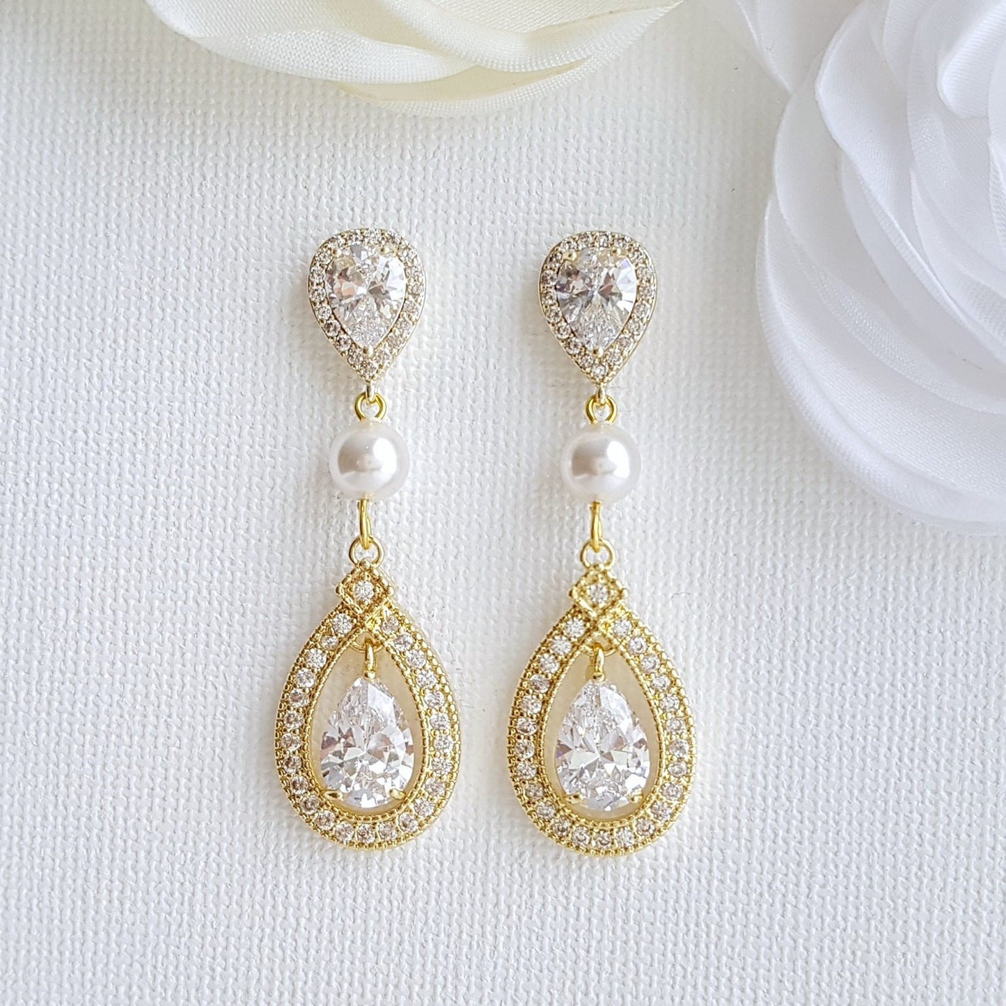 Gold Bridal Earrings With Pearls & Cubic Zirconia- Poetry Designs