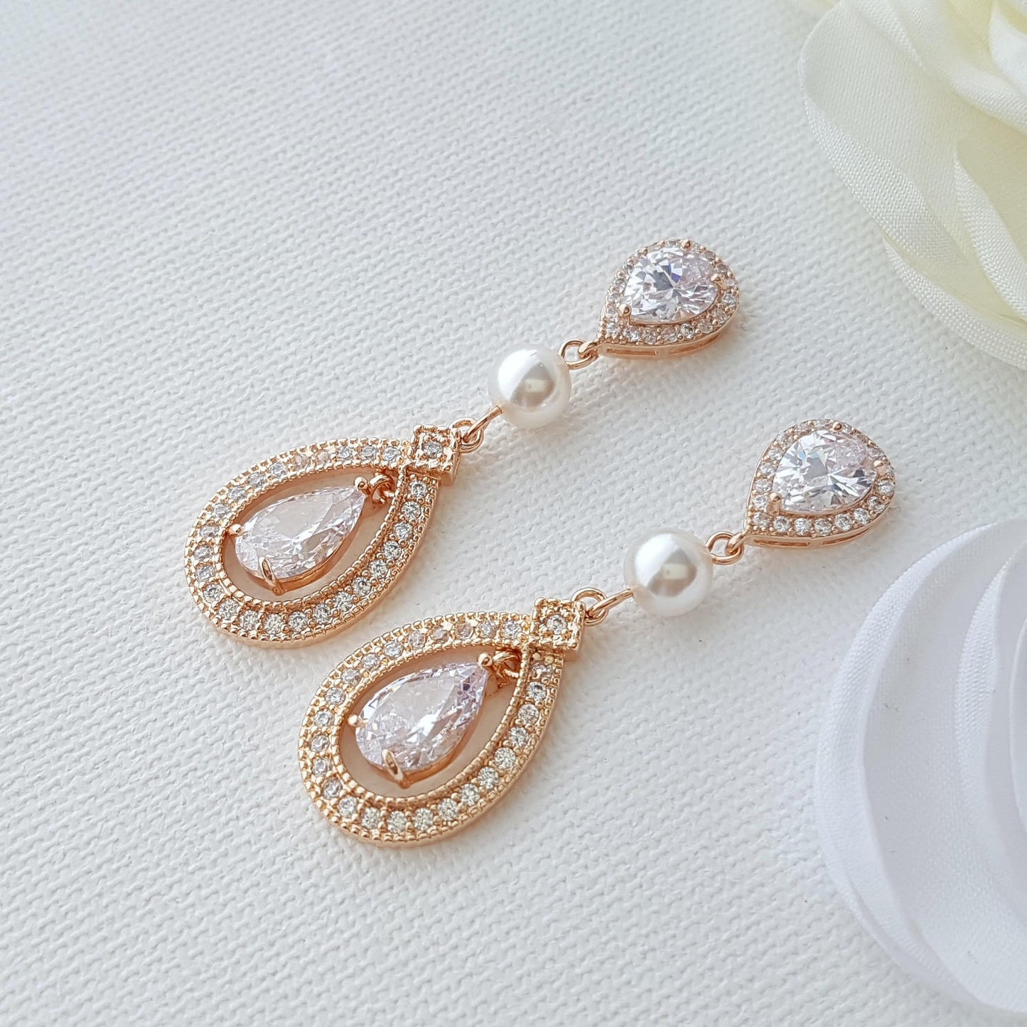 Rose Gold  Wedding Earrings in Pearls & Cubic Zirconia