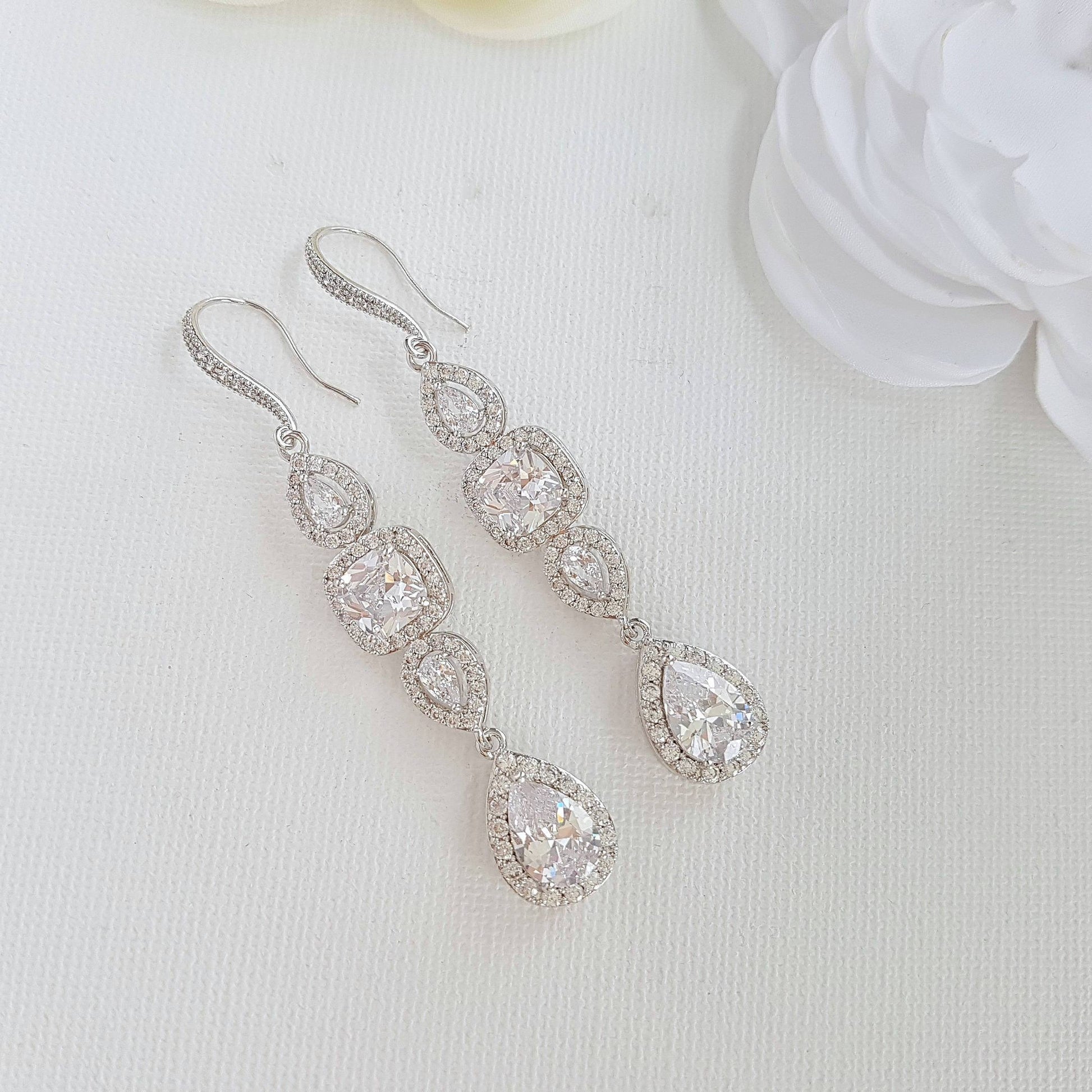 Long Silver Bride Earrings for Wedding Day, Drop Wedding Earrings with Teardrop and Round Cubic Zirconia, Bridal Jewelry, Reagan