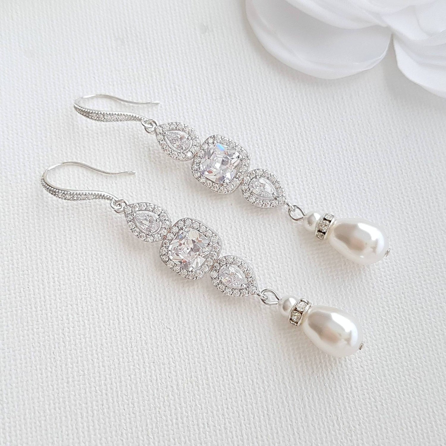 Pearl Drop Long Dangle Earrings for Weddings-Gianna - PoetryDesigns