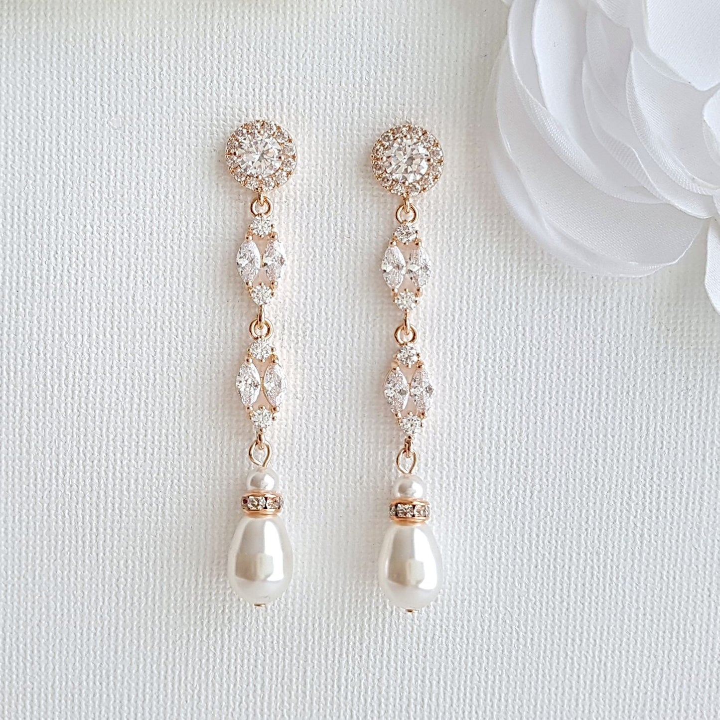 Long Rose Gold Pearl Drop Earrings- Hayley - PoetryDesigns