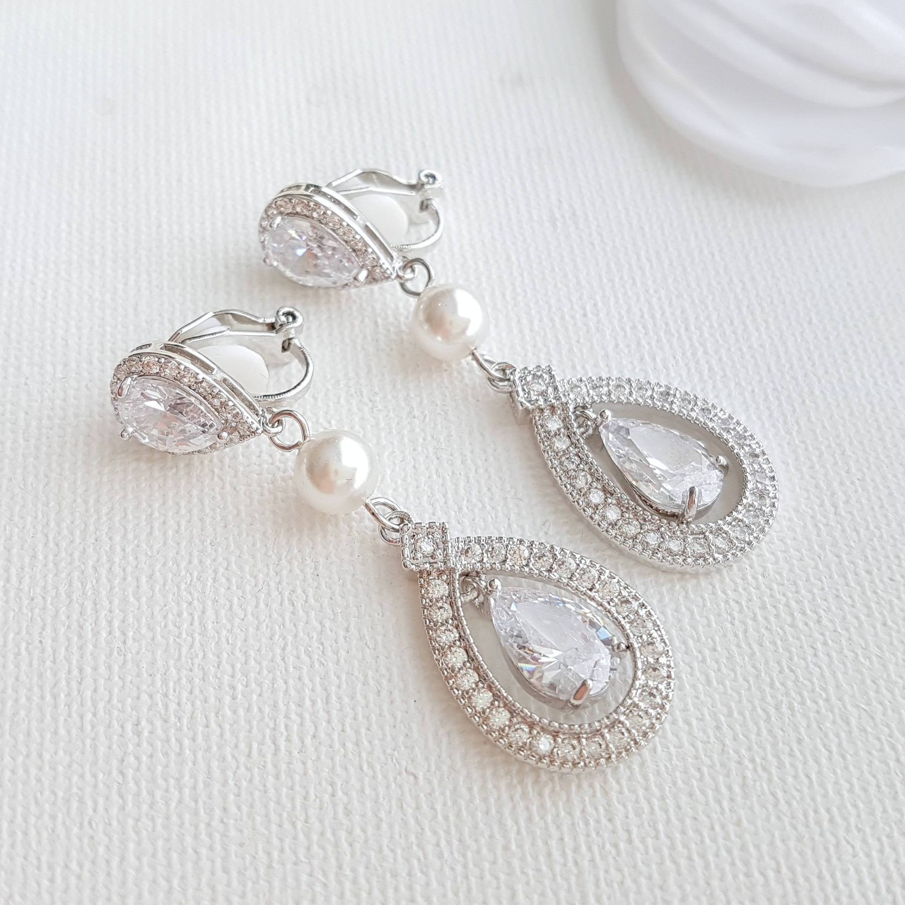 CZ Clip On Bridal Earrings in Rose Gold - Sarah - PoetryDesigns