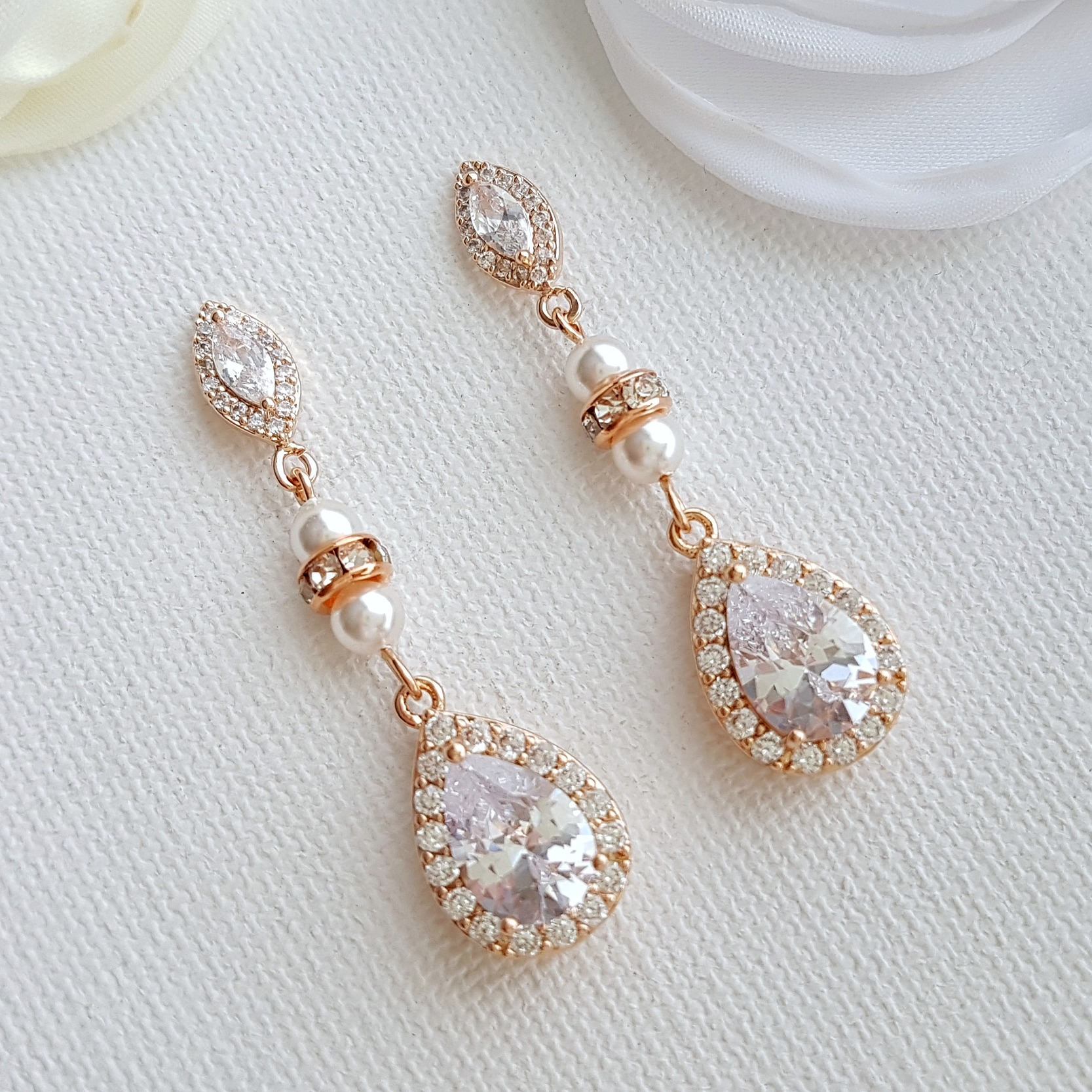 Rose Gold & Pearl Wedding Drop Earrings-Ella - PoetryDesigns
