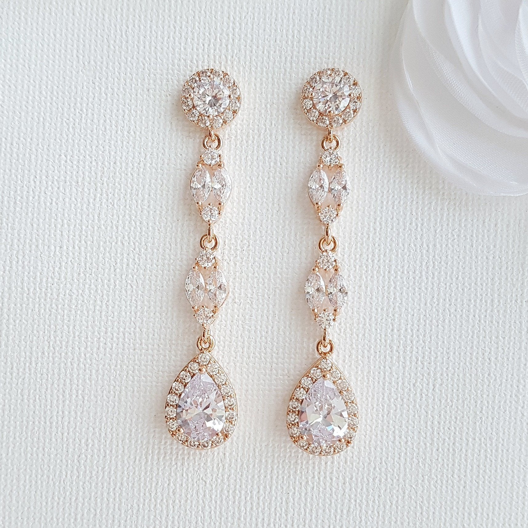 Long Rose Gold Earrings for Brides- Poetry Designs