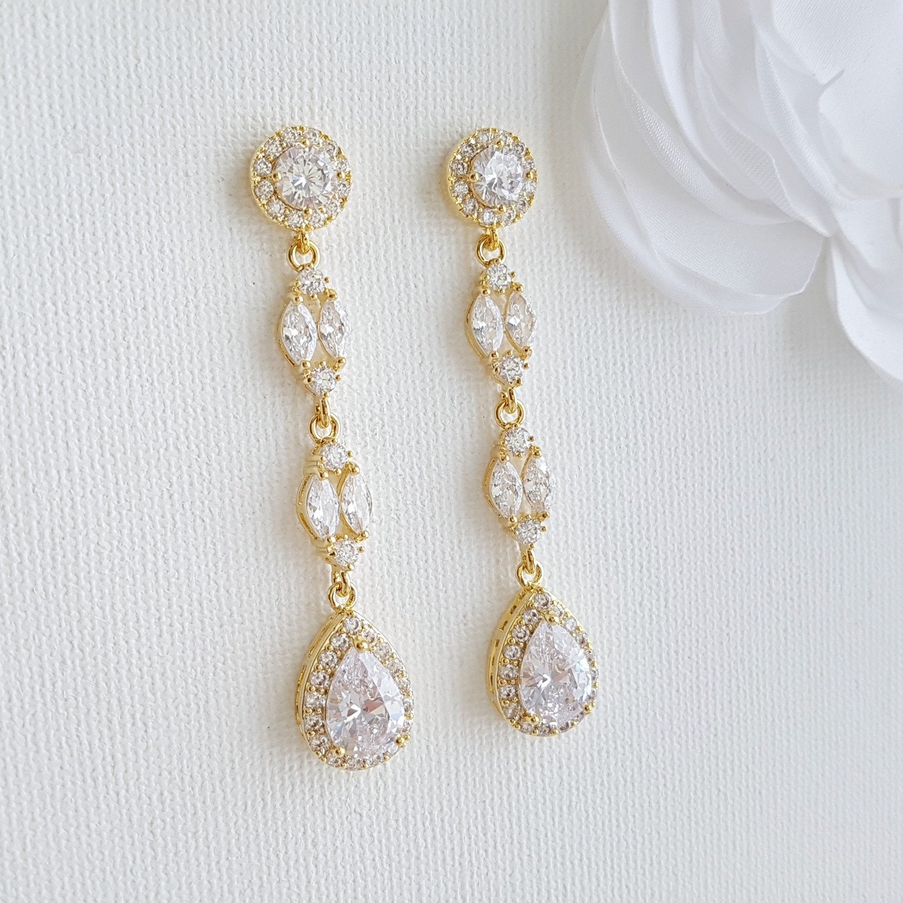 Long Gold & Cubic Zirconia Earrings for Weddings- Poetry Designs