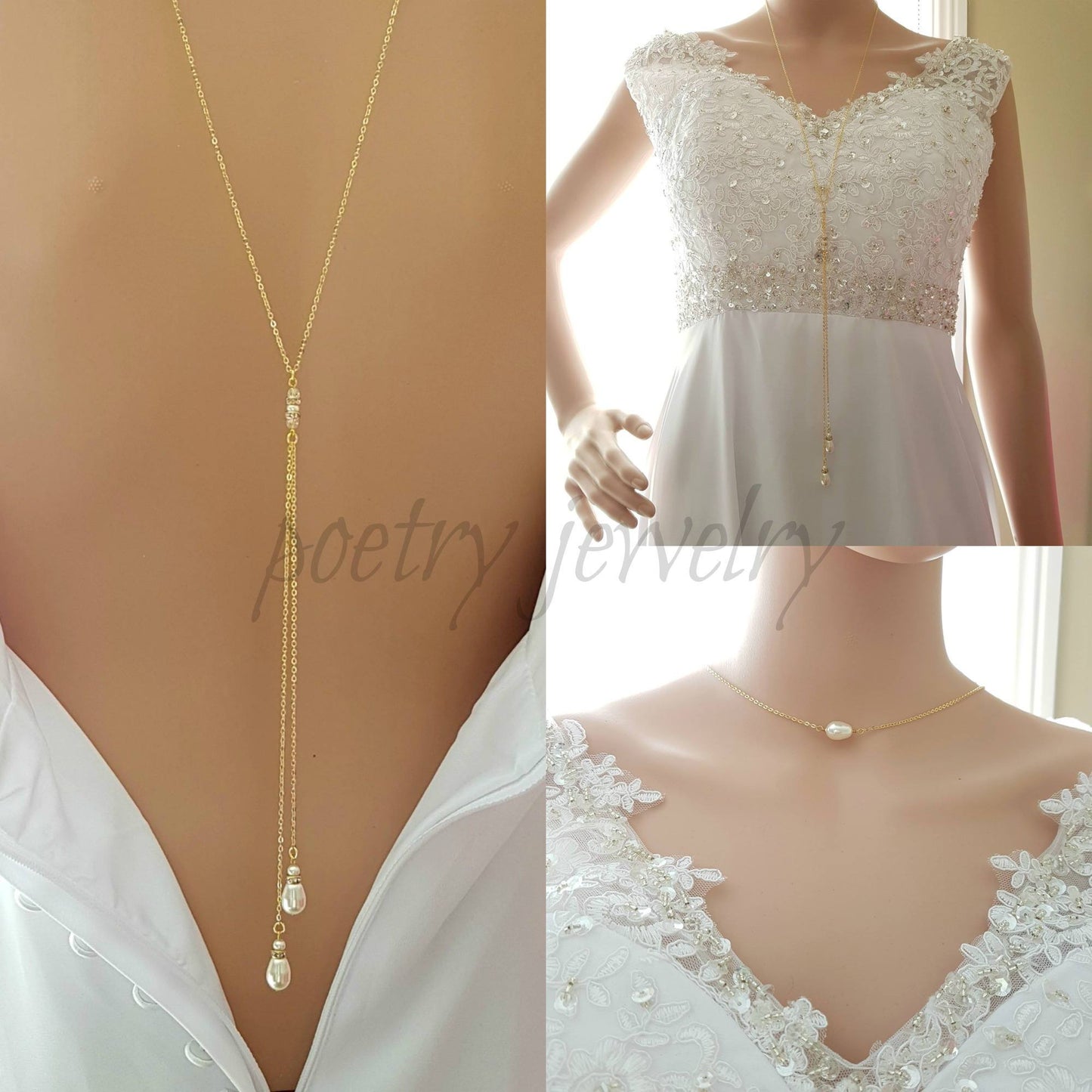 Gold Back Necklace With Chain & Pearl Drops-June - PoetryDesigns