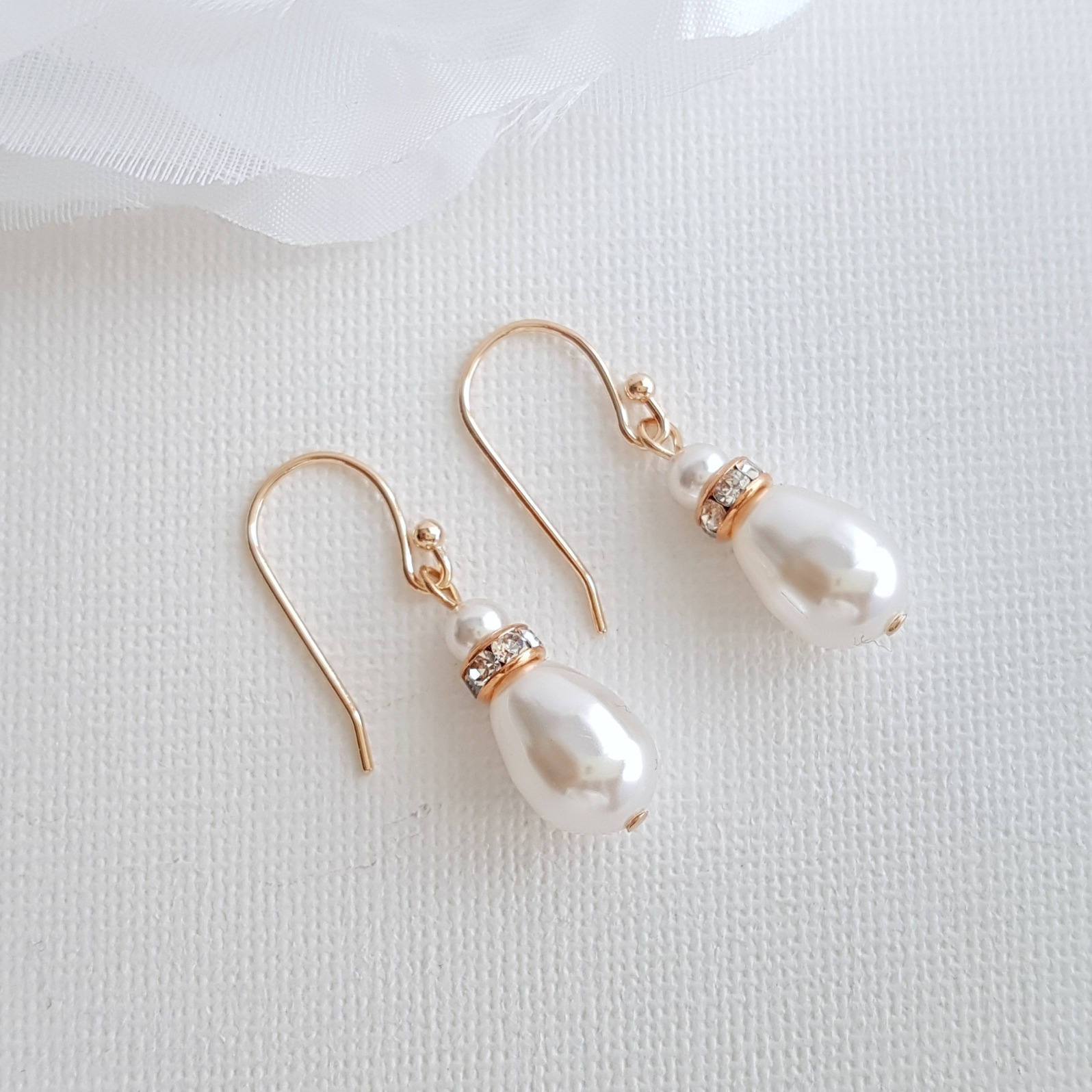 Simple Gold Pearl Drop Earrings Bridal, Bridesmaid Wedding