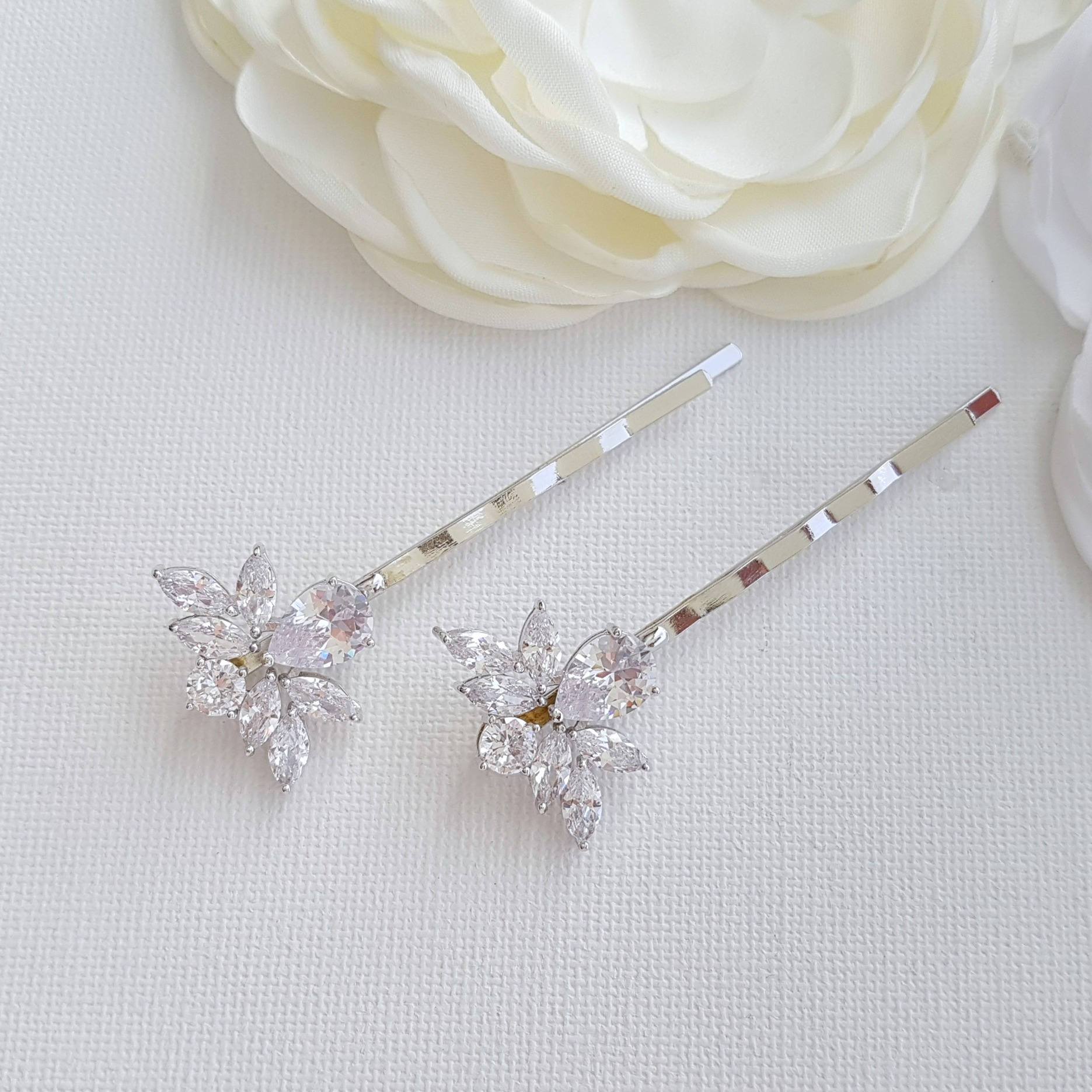 Bridal Hair Pins Crystal Pearl Silver-Nicole - PoetryDesigns
