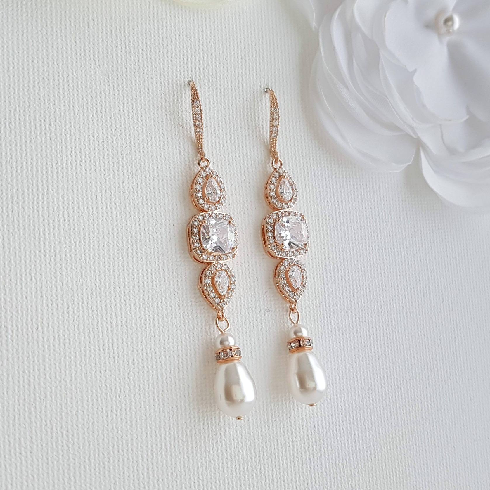 Rose Gold Pearl Drop Wedding Earrings-Gianna Silver Finish White/Lt Ivory Pearl