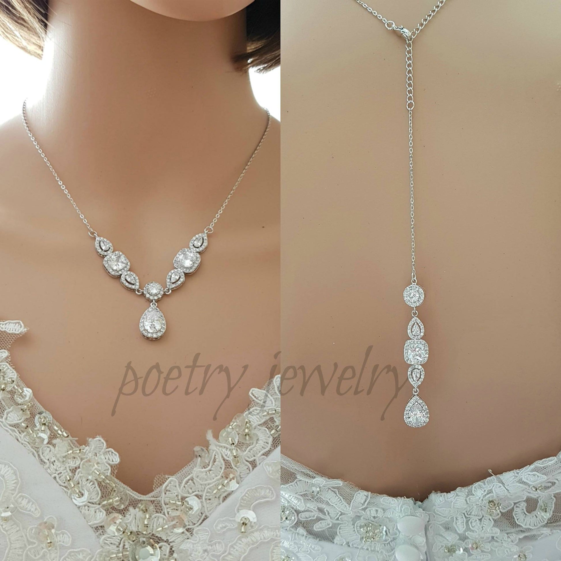 Bridal Drop Back Necklace- Gianna - PoetryDesigns