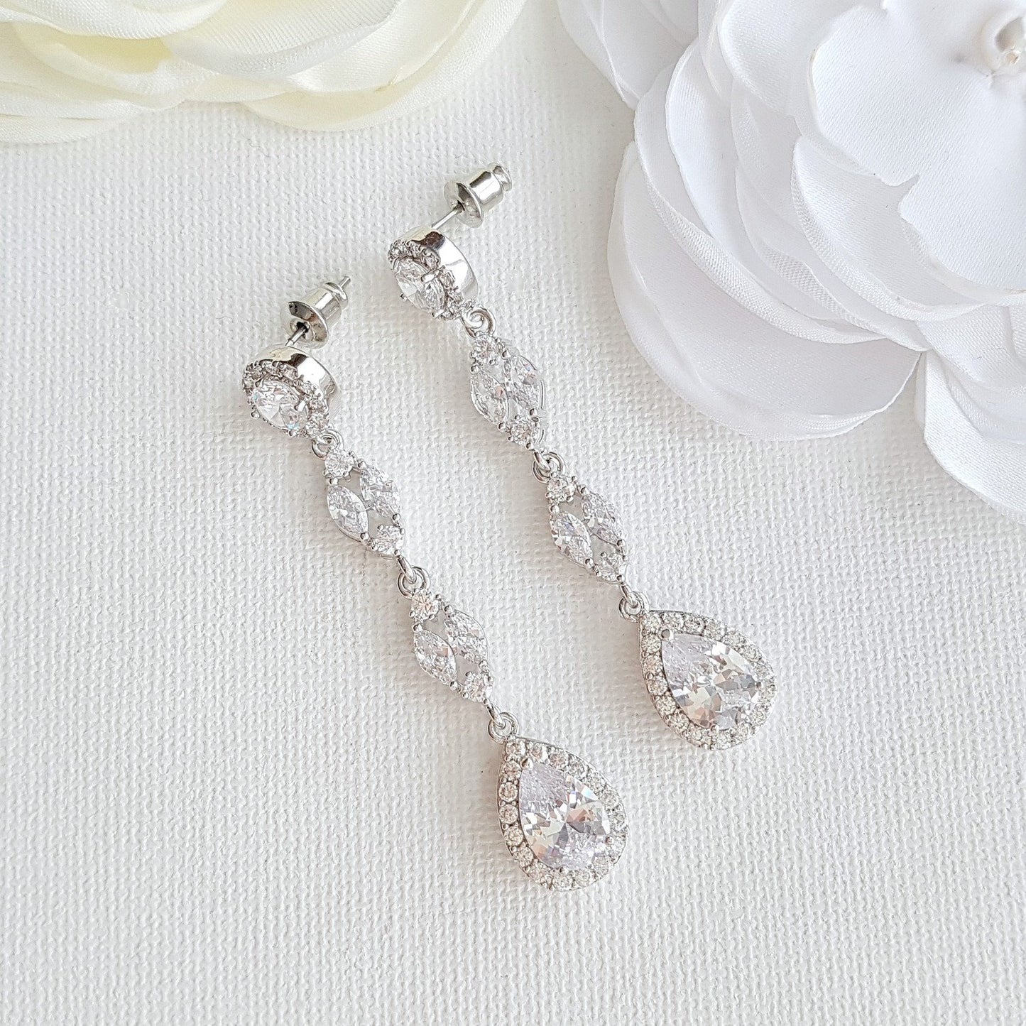 Long Earrings Drop Necklace & Bracelet Bridal Jewelry Set- Hayley - PoetryDesigns