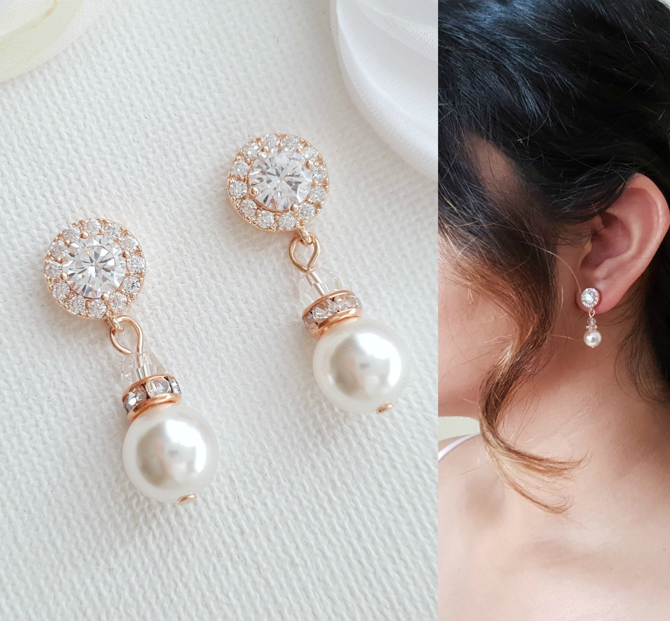 Pearl and Diamond Leverback Earrings in Rose Gold | KLENOTA