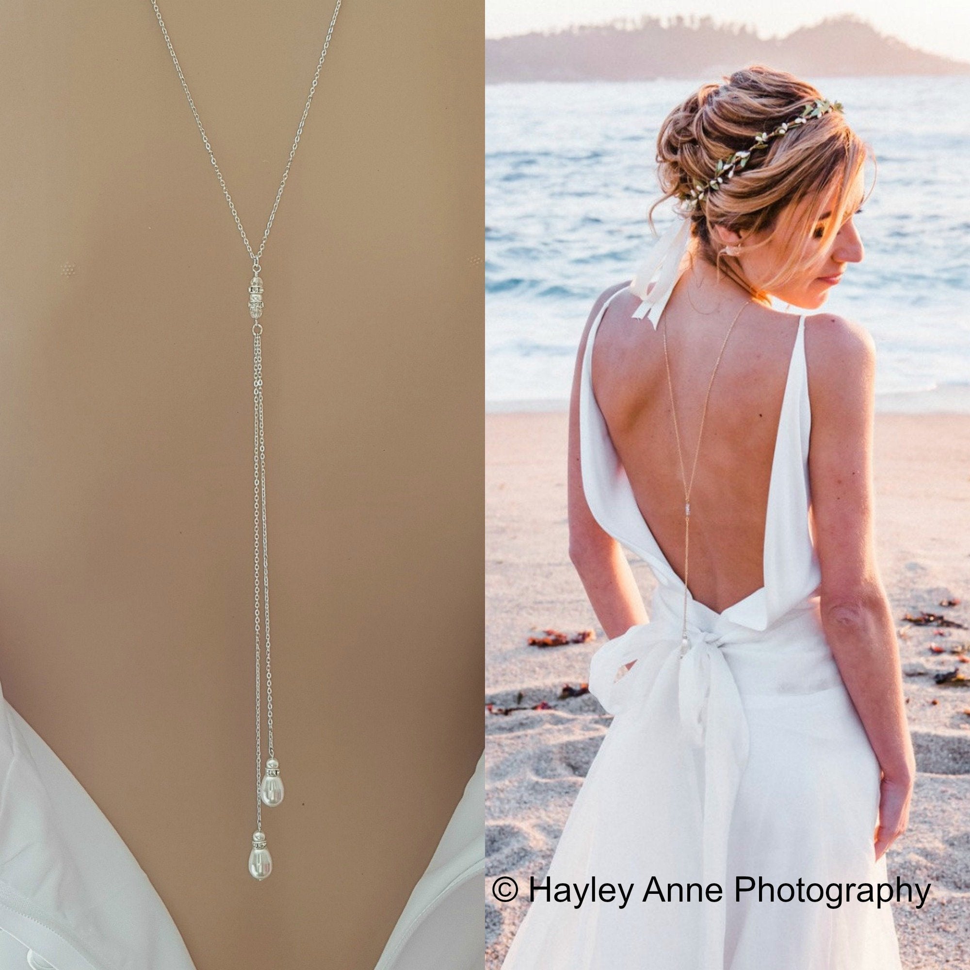 Pearl Back Drop Lariat Bridal Necklace White Ivory Champagne Wedding