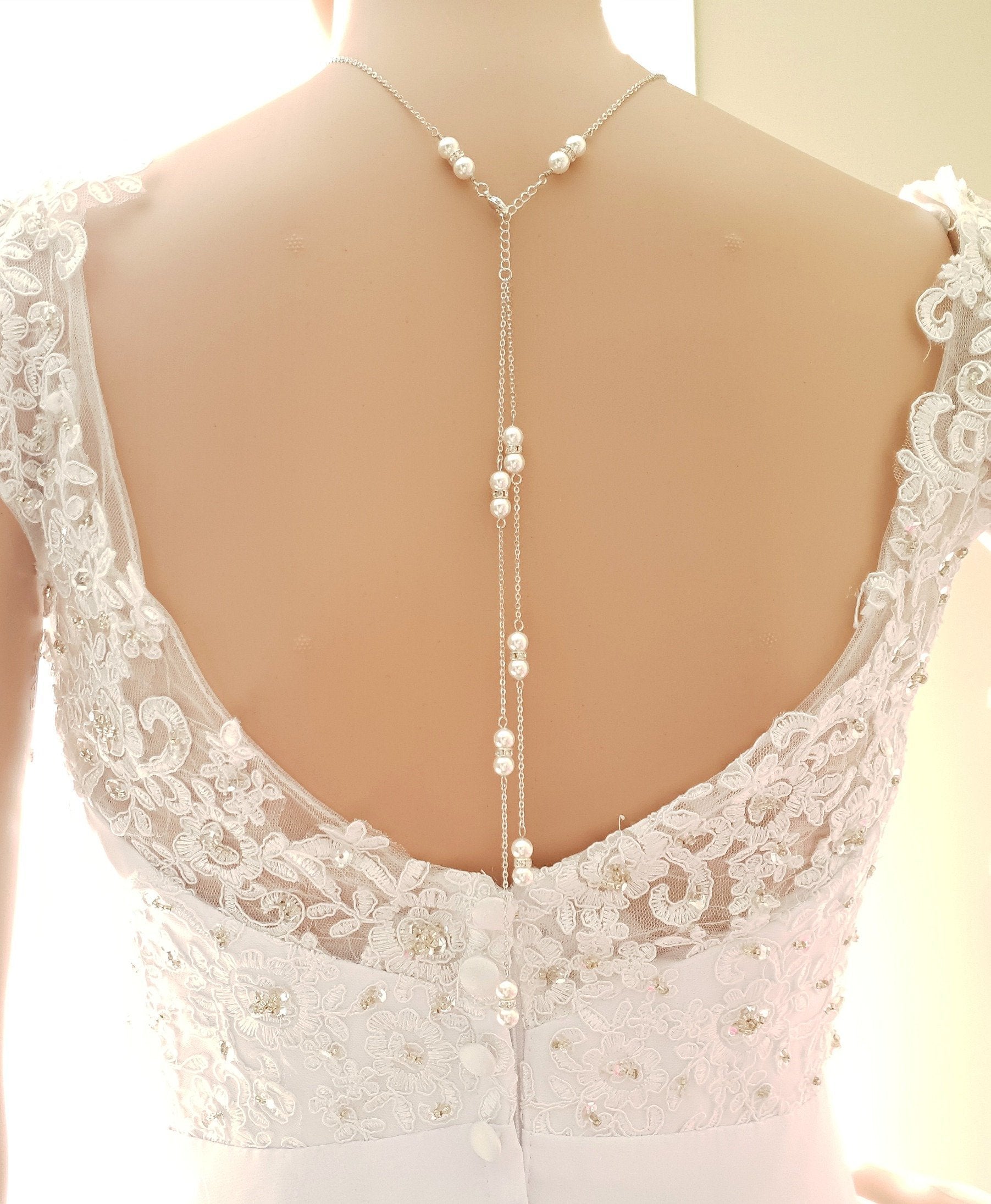 Rose outlet Gold Backdrop Necklace, Wedding Back Necklace, Pearl Back Drop Bridal Necklace, Gold & White Gold options,COCO