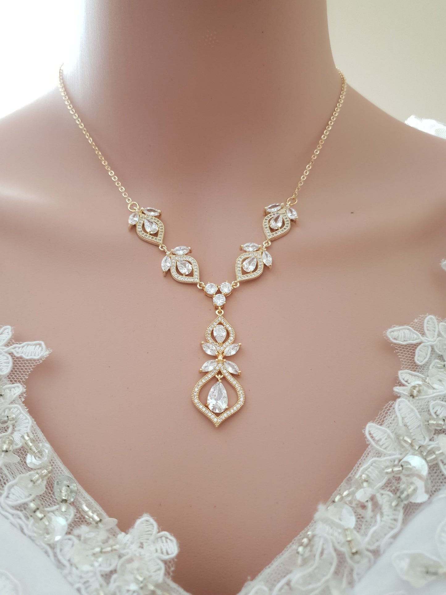 Crystal Gold Wedding Necklace & Back Jewelry-Meghan - PoetryDesigns