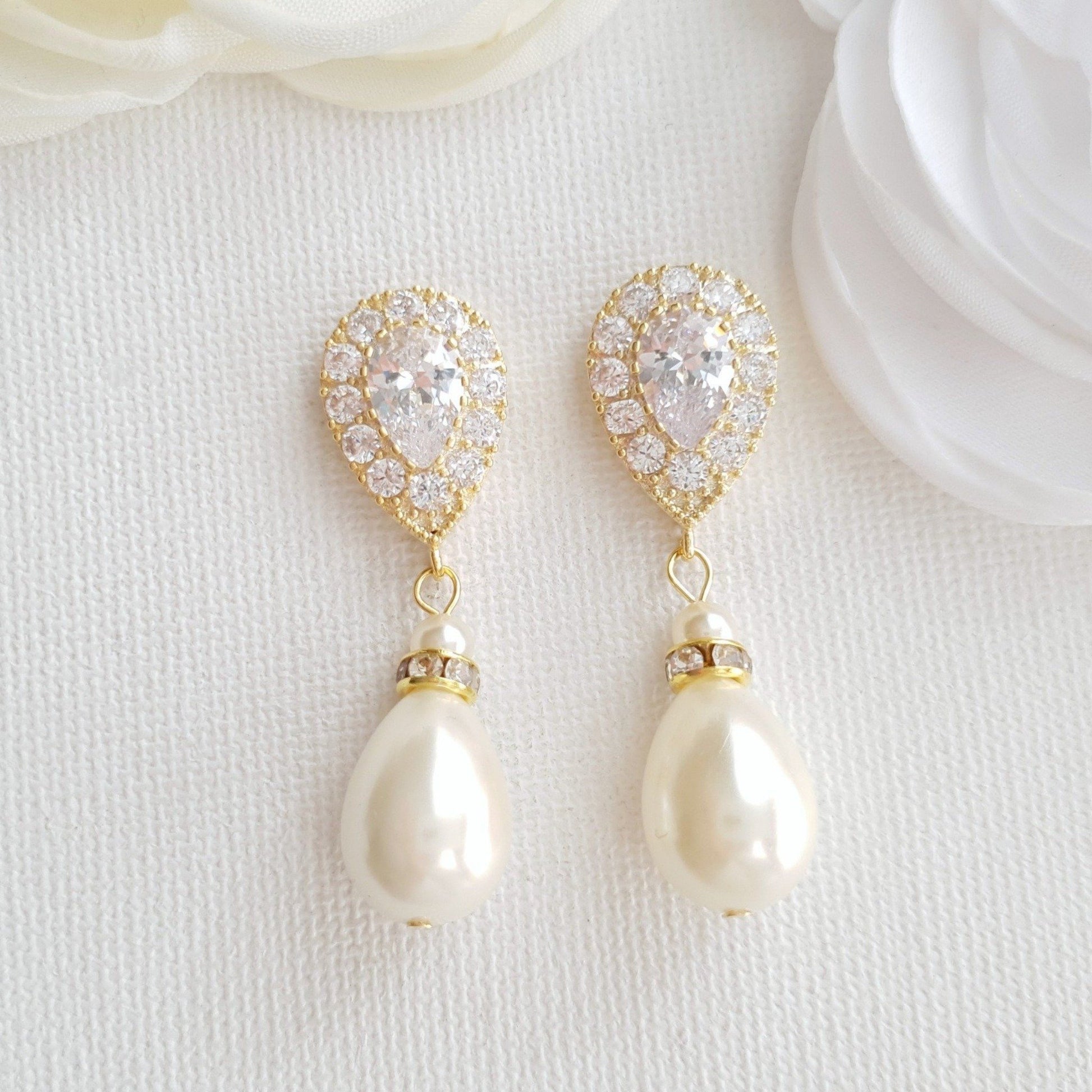 Pearl Drop Earrings in 14K Gold & Cubic Zirconia- Poetry Designs