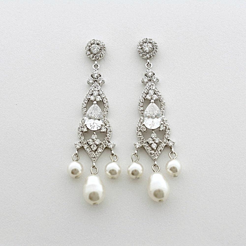 Crystal and Ivory Pearl Chandelier Bridal Earrings, Silver CZ popular Pearl Drop Wedding Earrings, JAZZ