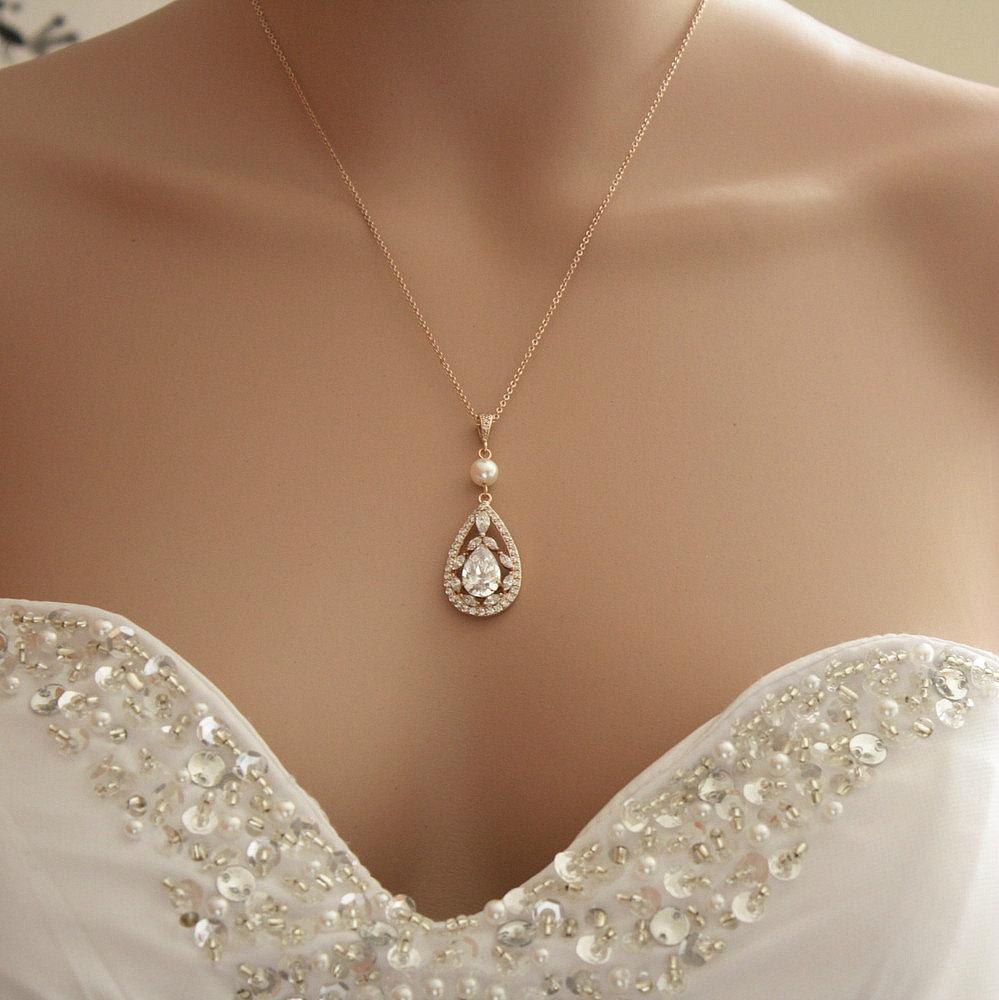 Teardrop Cubic Zirconia Pendant Necklace in 14K Gold for Weddings
